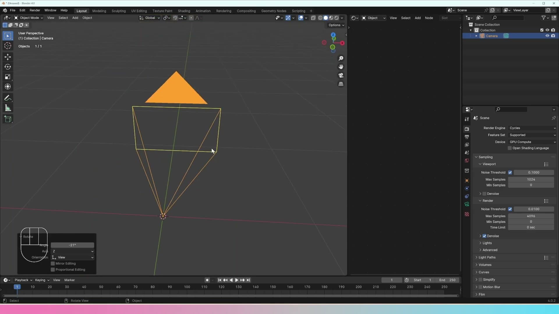 Numpad 0 jumps into camera view. The dark filled triangle in the outliner marks the active camera.
