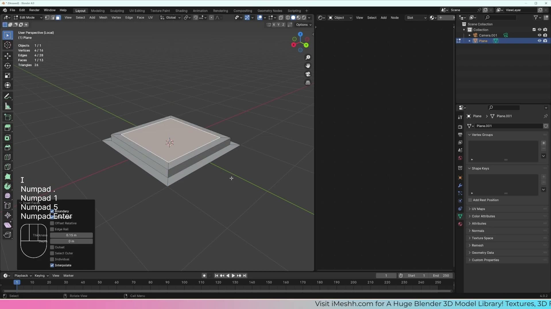 Inset (I) at 0.15, extrude (E) at 0.15, repeat. Each pair creates one step.