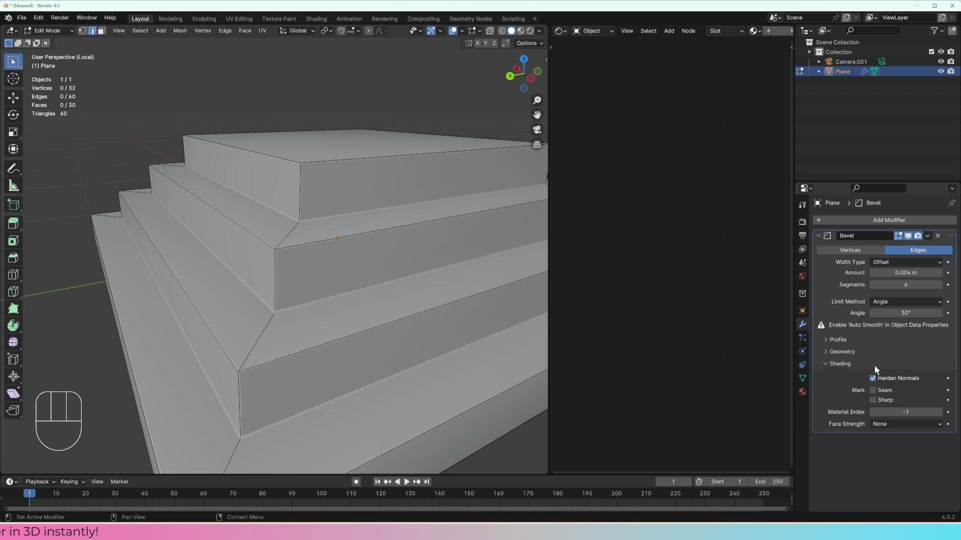 Bevel modifier → Shading → Harden Normals tells Blender to break shading at the bevel edge.