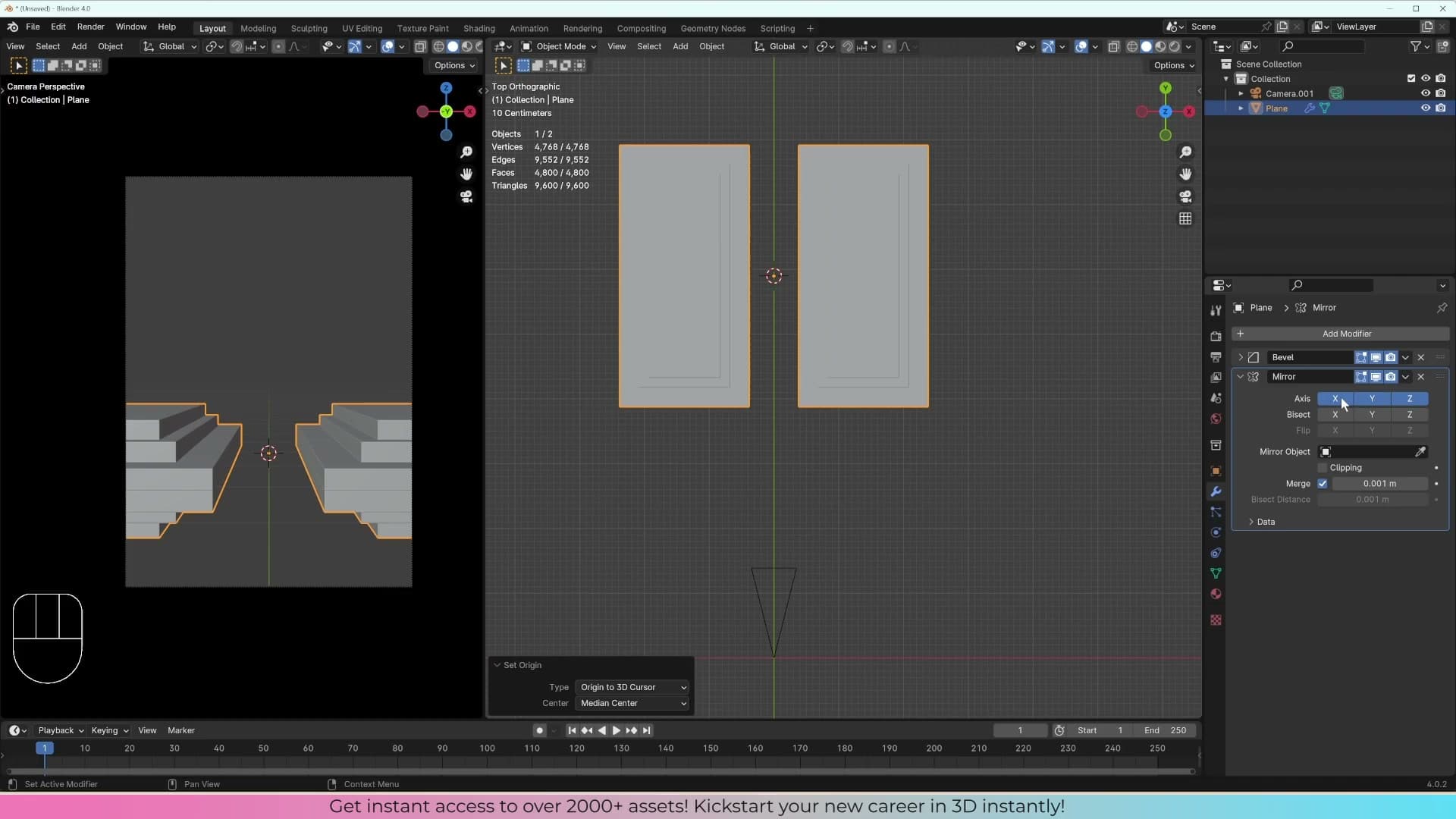 Shift+S → Cursor to World Origin, then Set Origin to 3D Cursor, snaps the mirror line to the world centre.