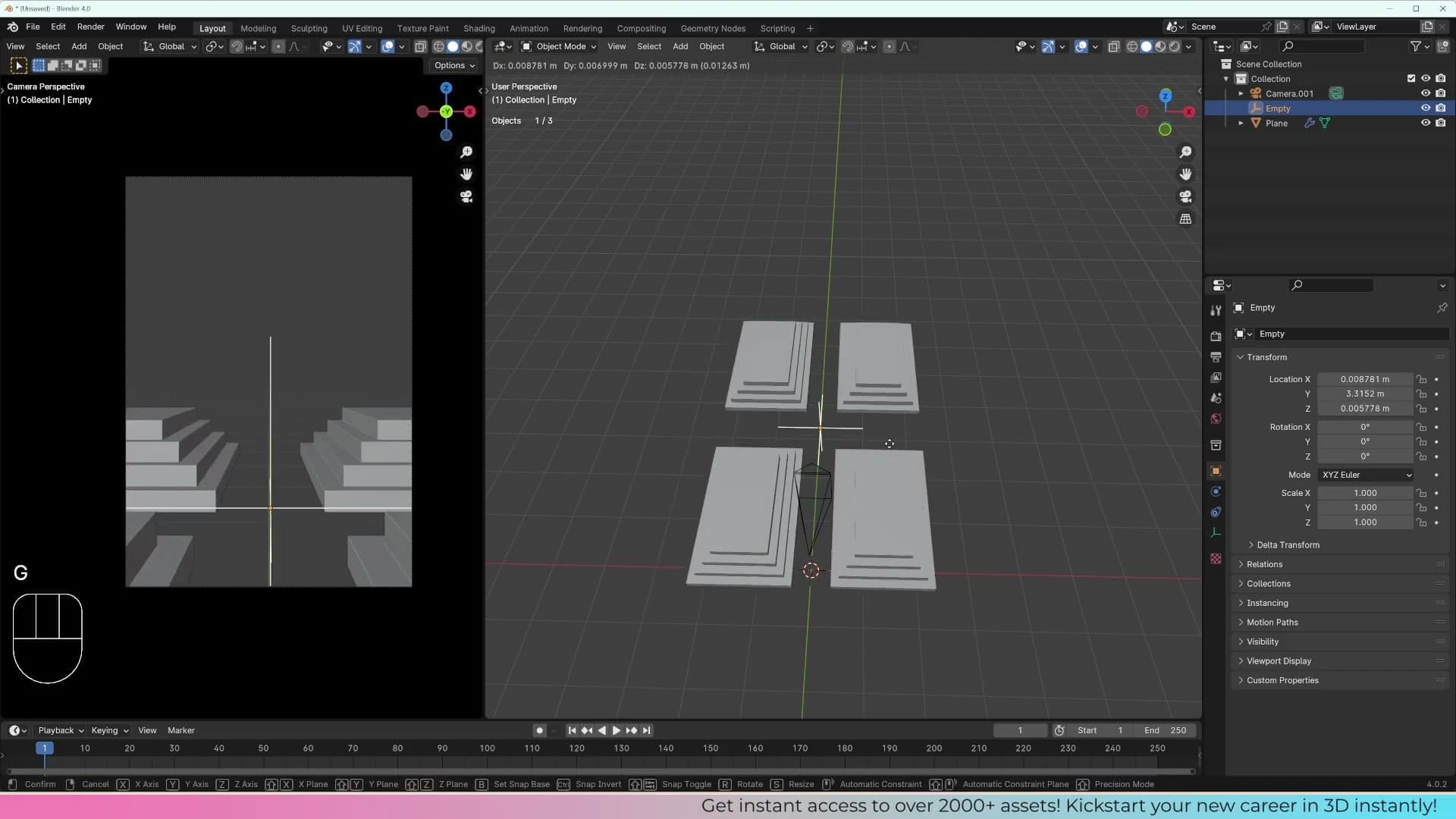 Assigning the Empty to the Mirror modifier's Mirror Object field lets you slide the mirror plane around freely.