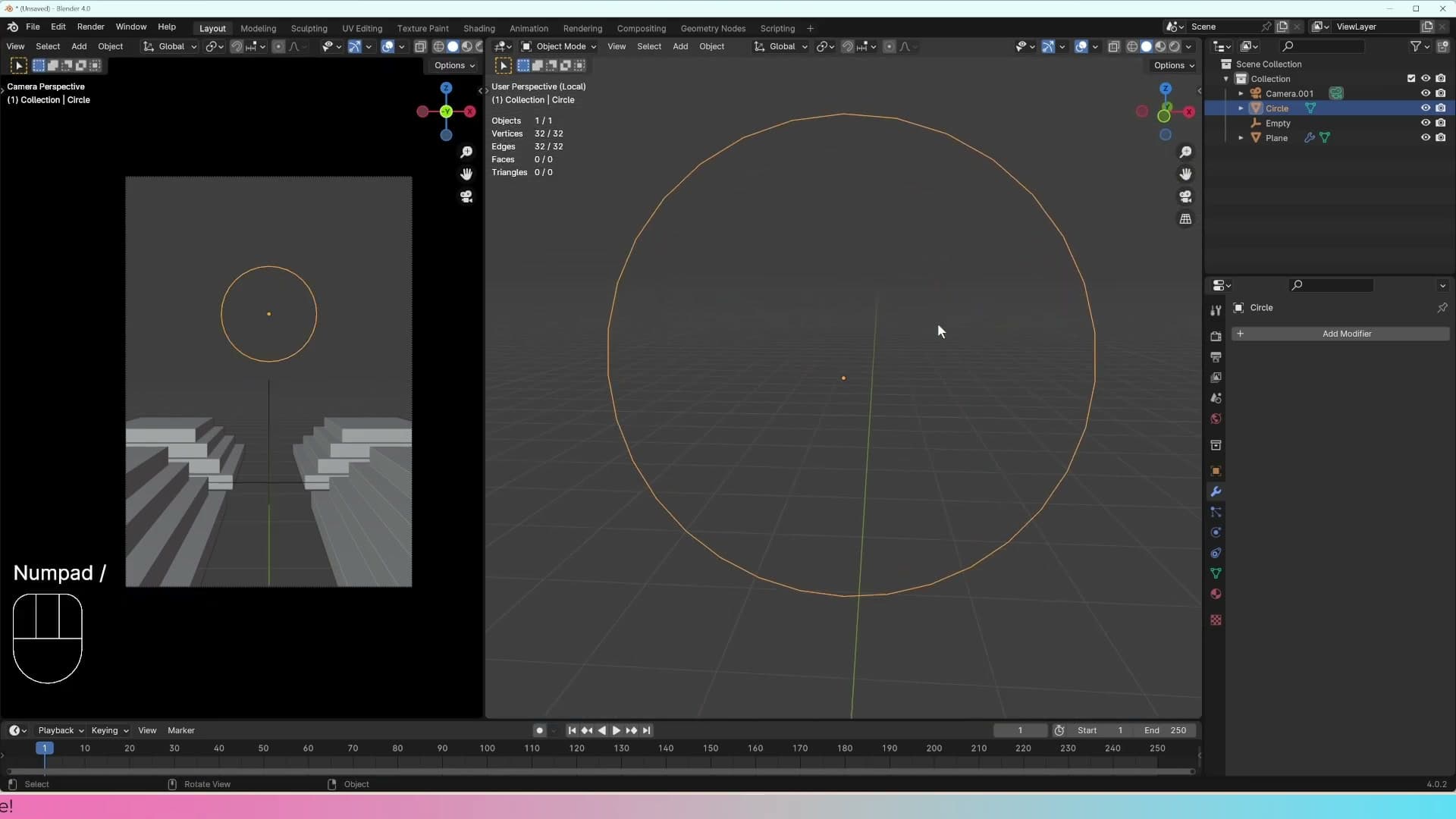 In local view + front view (numpad 1), pressing E then S extrudes the circle outward into the start of the archway profile.
