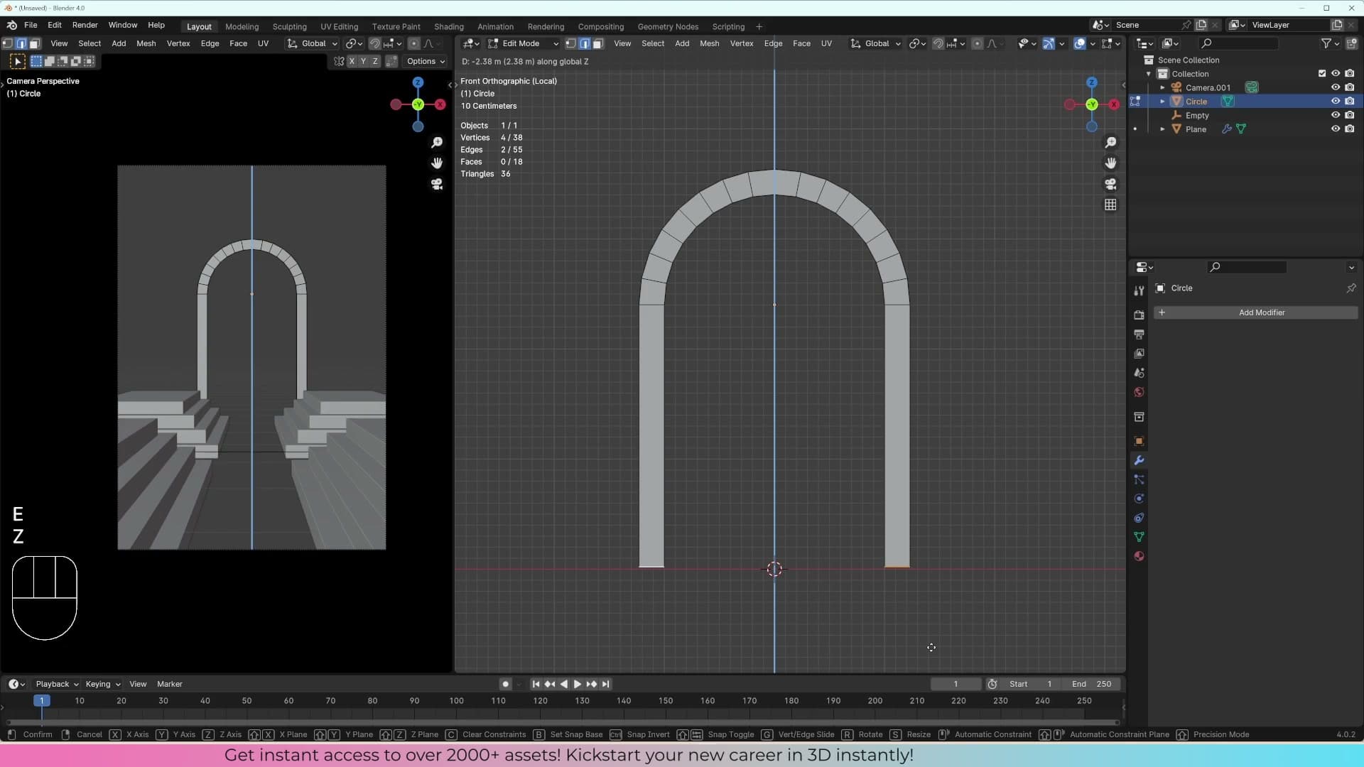 Bottom faces selected with face-mode (3) and deleted to leave the arch shape.