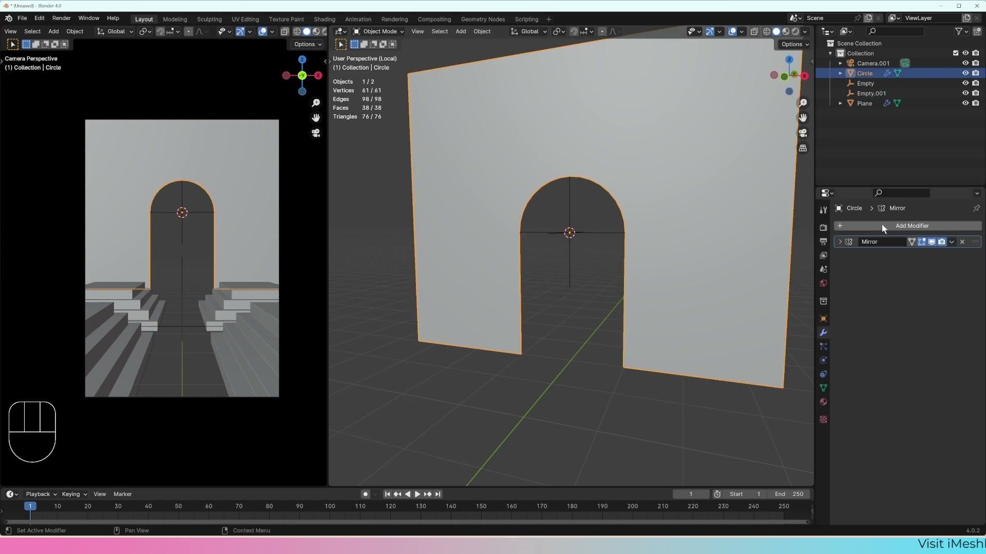 Empty added at the centre with Shift+S → Cursor to Selected, set as the mirror object.
