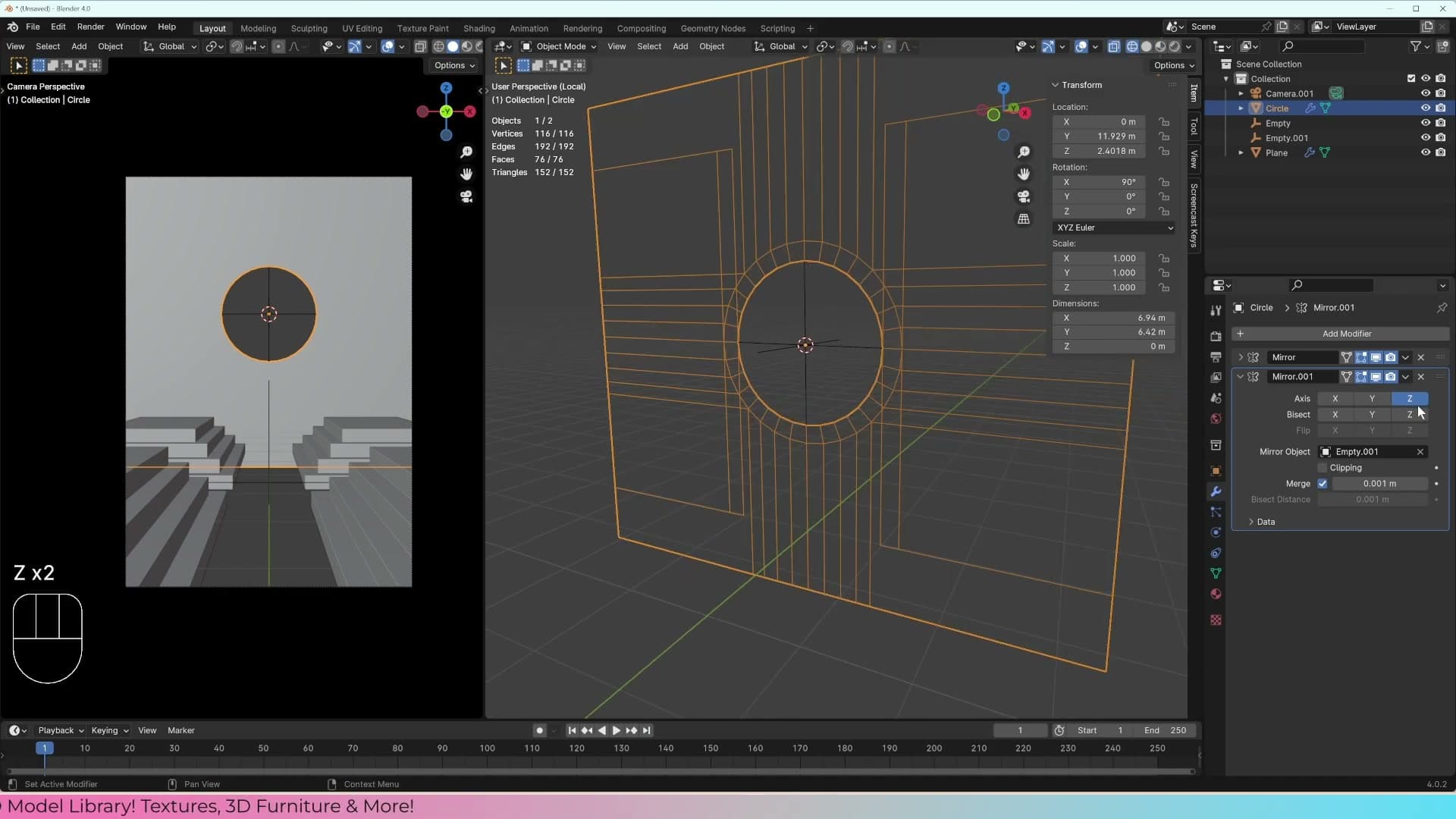 Z-axis mirror with Bisect enabled cleans up overlapping geometry and reflects the arch vertically.