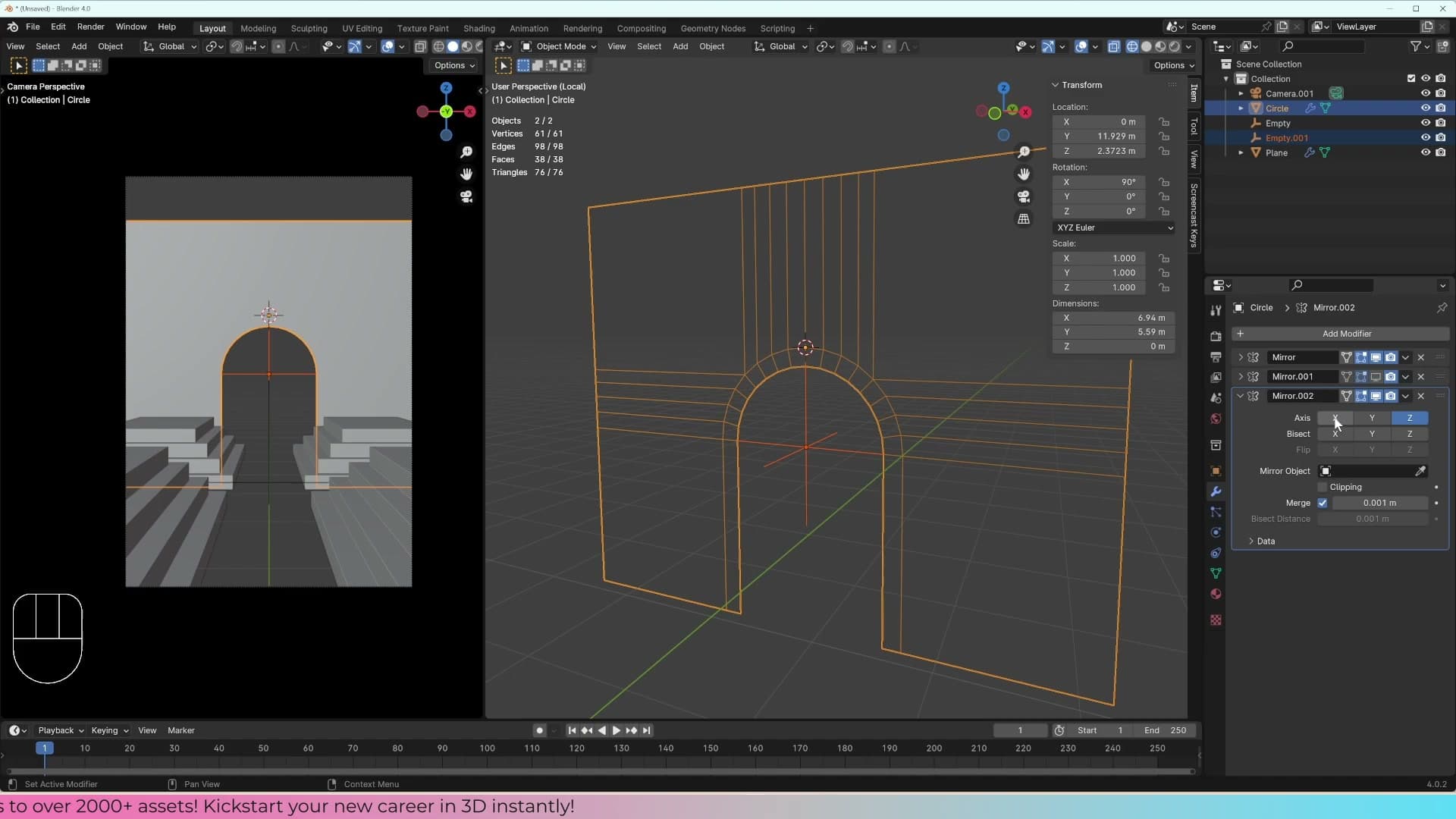 Ctrl+A → Apply Rotation flushes the earlier 90° rotation into the mesh so the mirror axis aligns correctly.