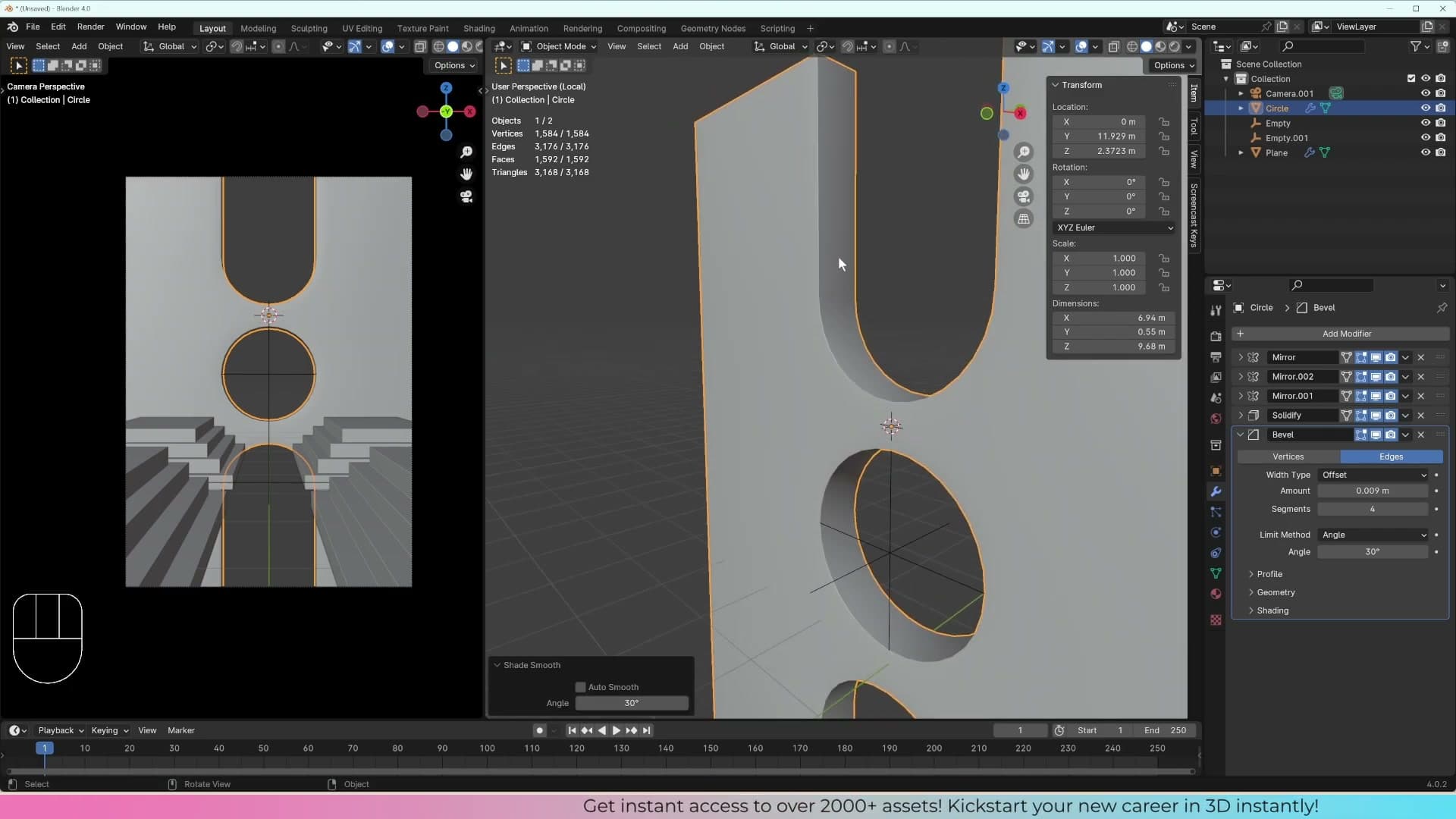 Bevel modifier added with extra segments for a soft, rounded fillet on every edge.