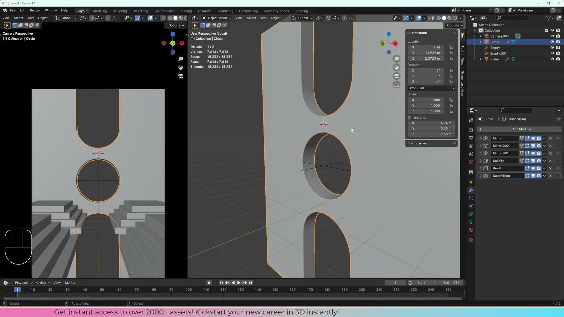 After Ctrl+A Apply All, the geometry is baked in: far more complex and far harder to edit than the modifier-driven version.