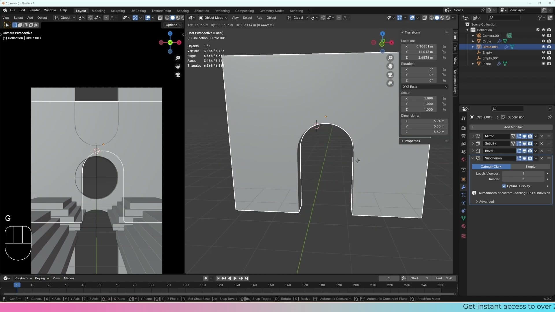Local view (numpad slash) hides everything except the duplicated archway so it can be edited cleanly.