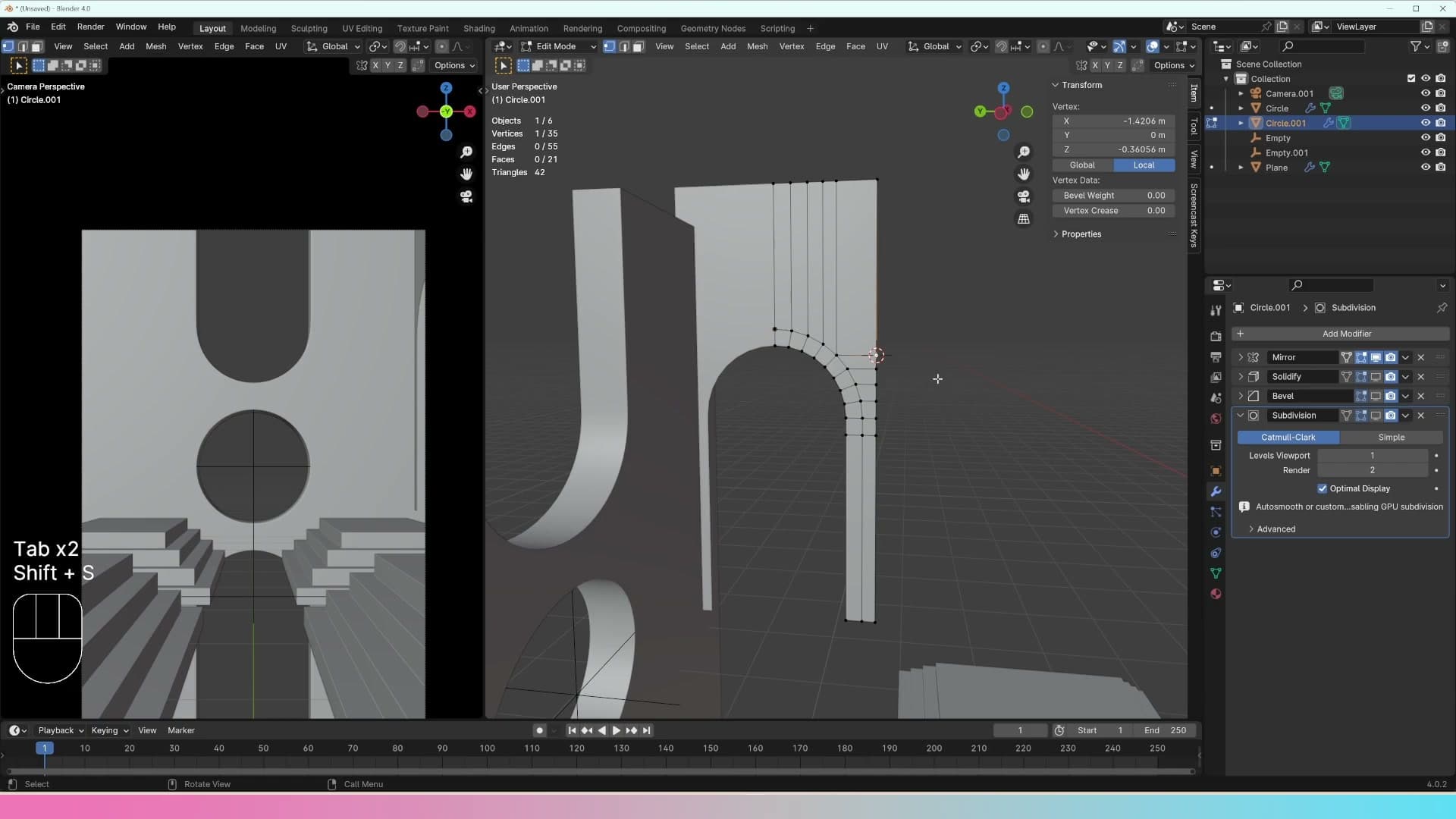 Snapping the 3D cursor to the selected edge before resetting the object origin so the mirror pivots correctly.