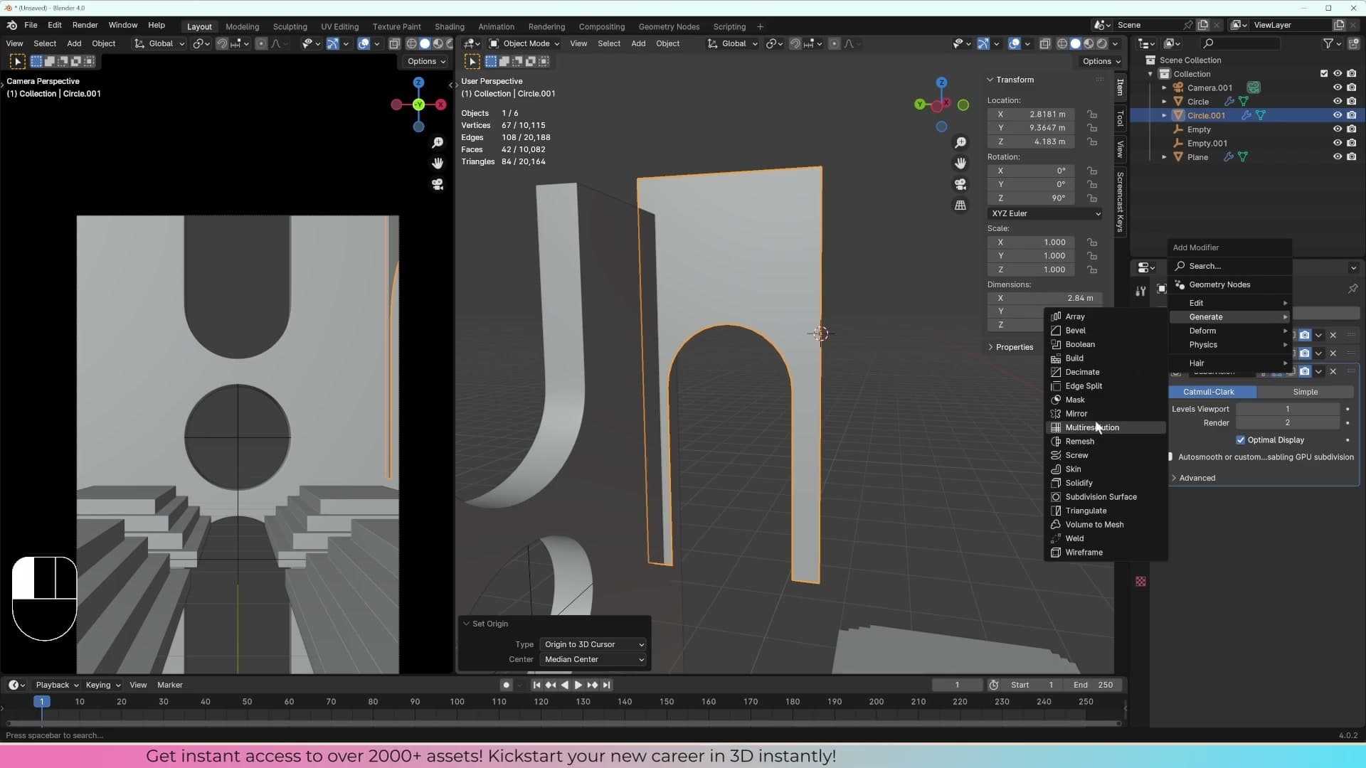 After Set Origin → 3D Cursor, the Mirror modifier now mirrors from the centre seam.