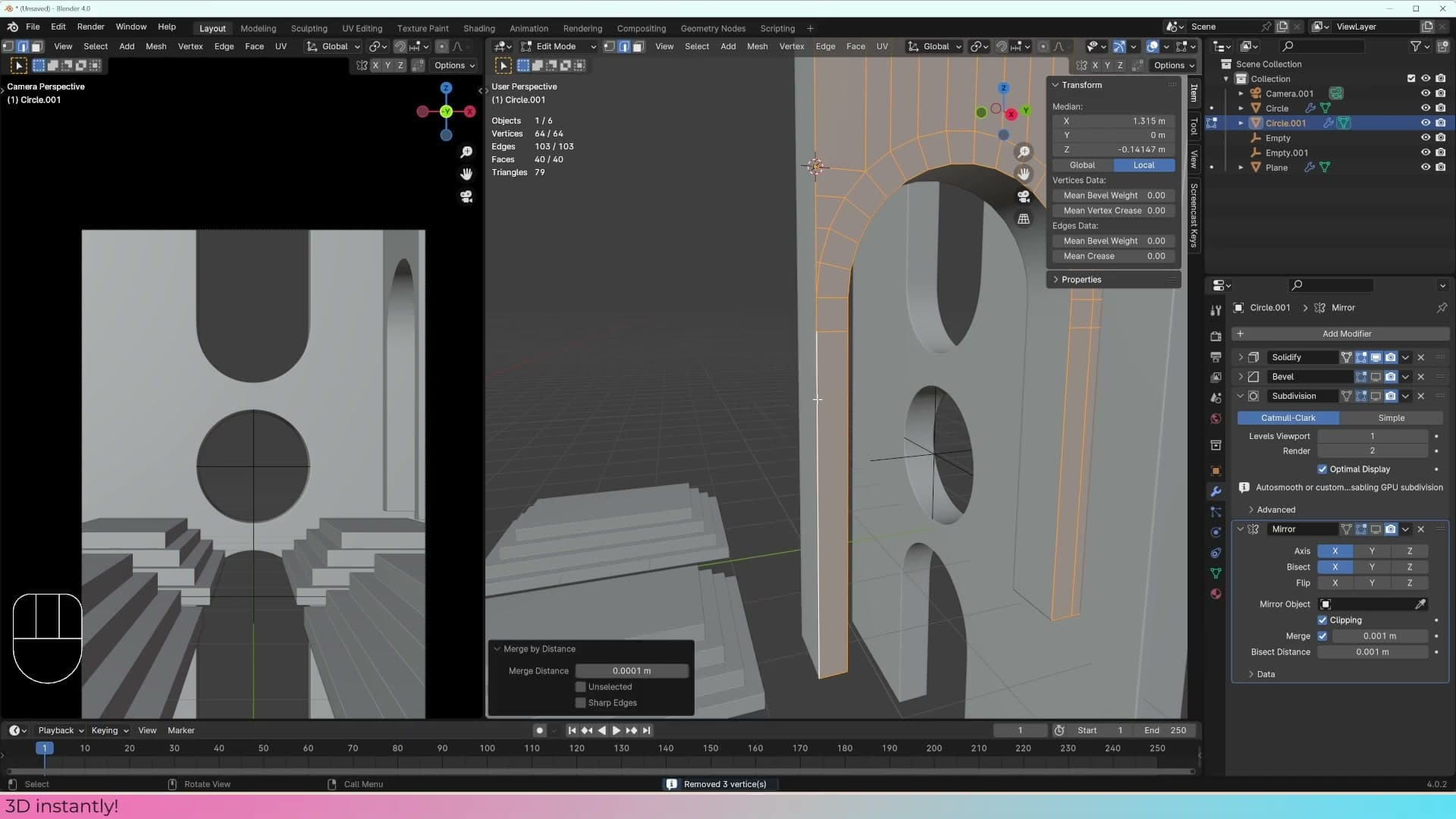Merge by Distance reports three vertices removed: the overlapping duplicates at the seam.