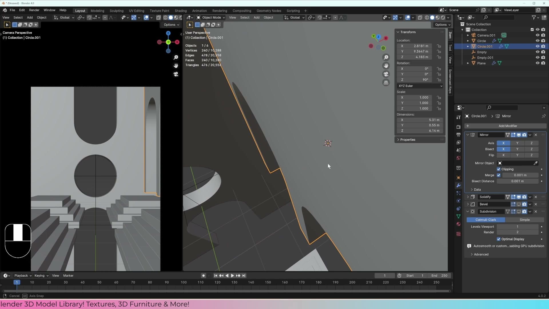 Modifier stack reordered: Mirror at the top, then Solidify, Bevel and Subdivision Surface. No internal wall, no visible seam.