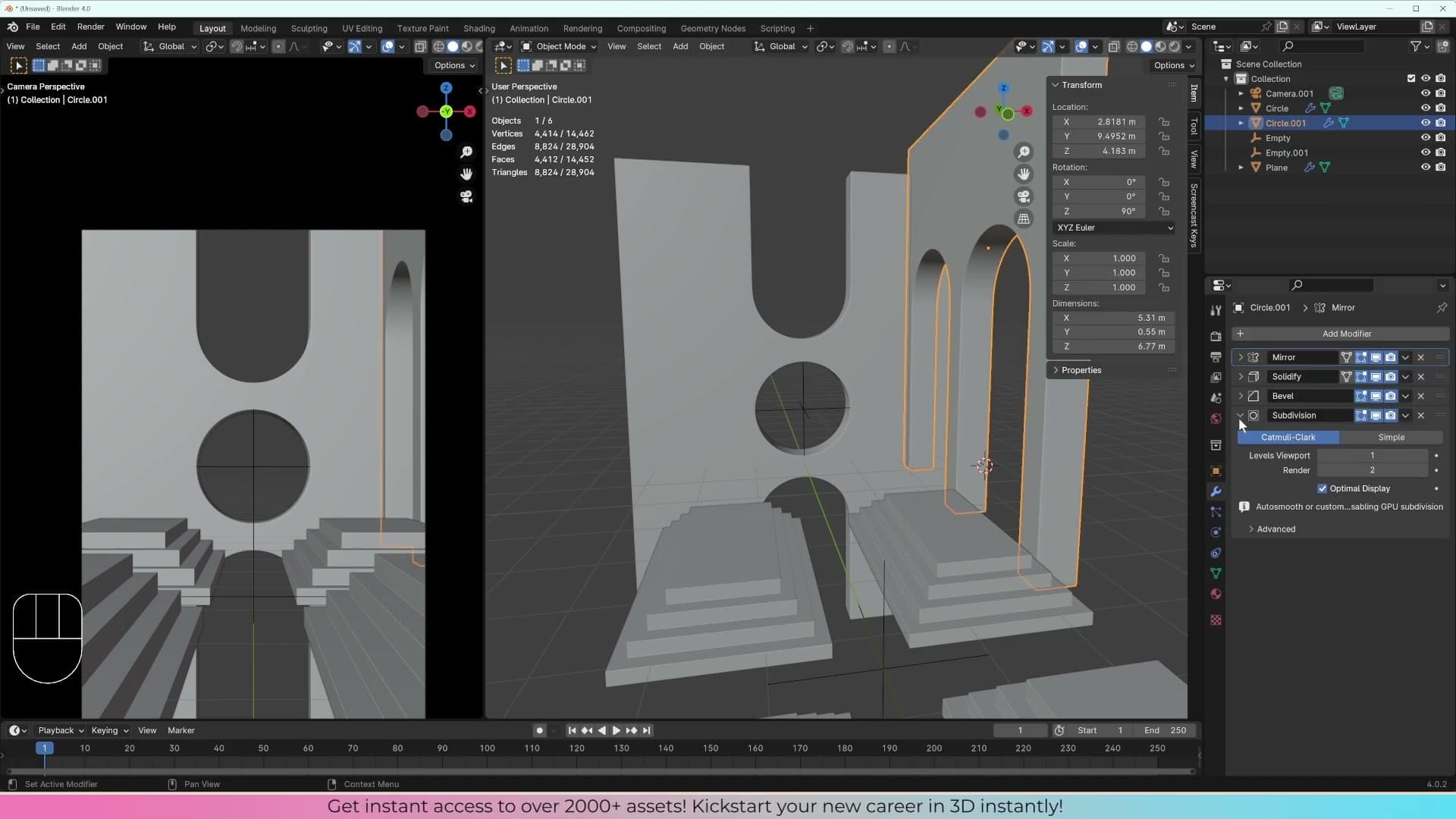 A second Mirror modifier with the Object field set to the centre archway. It pivots from that mesh's origin, not this one's.
