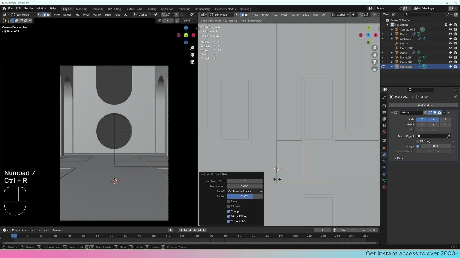 Loop cuts (Ctrl+R) running along the inside walls of each staircase. The enclosed face is selected ready for Delete Faces.