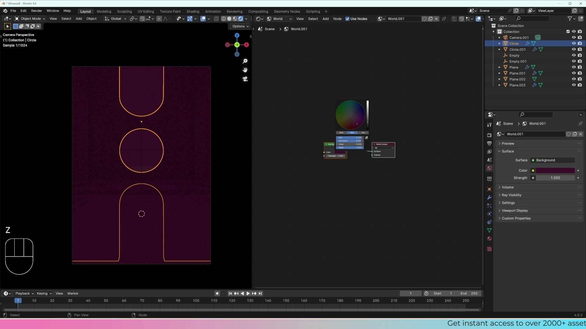 Shader Editor switched from Object to World, showing the Background and World Output nodes.