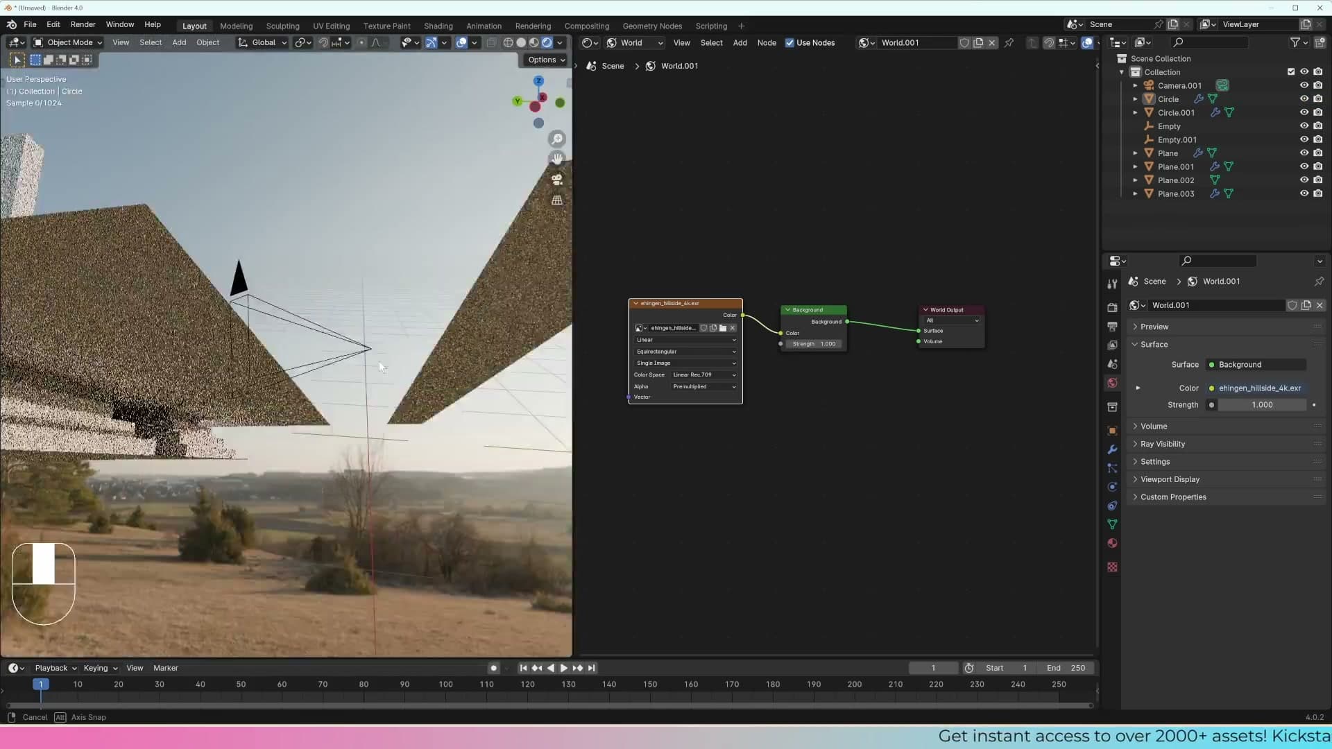 HDRI plugged into the Background node, with the viewport now reading as lit by the environment.