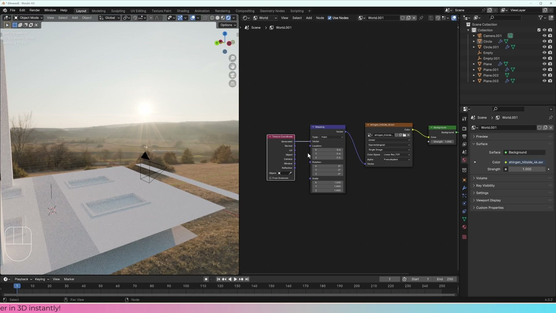 Mapping node inserted between the Texture Coordinate and Environment Texture, forming the standard three-node HDRI rig.
