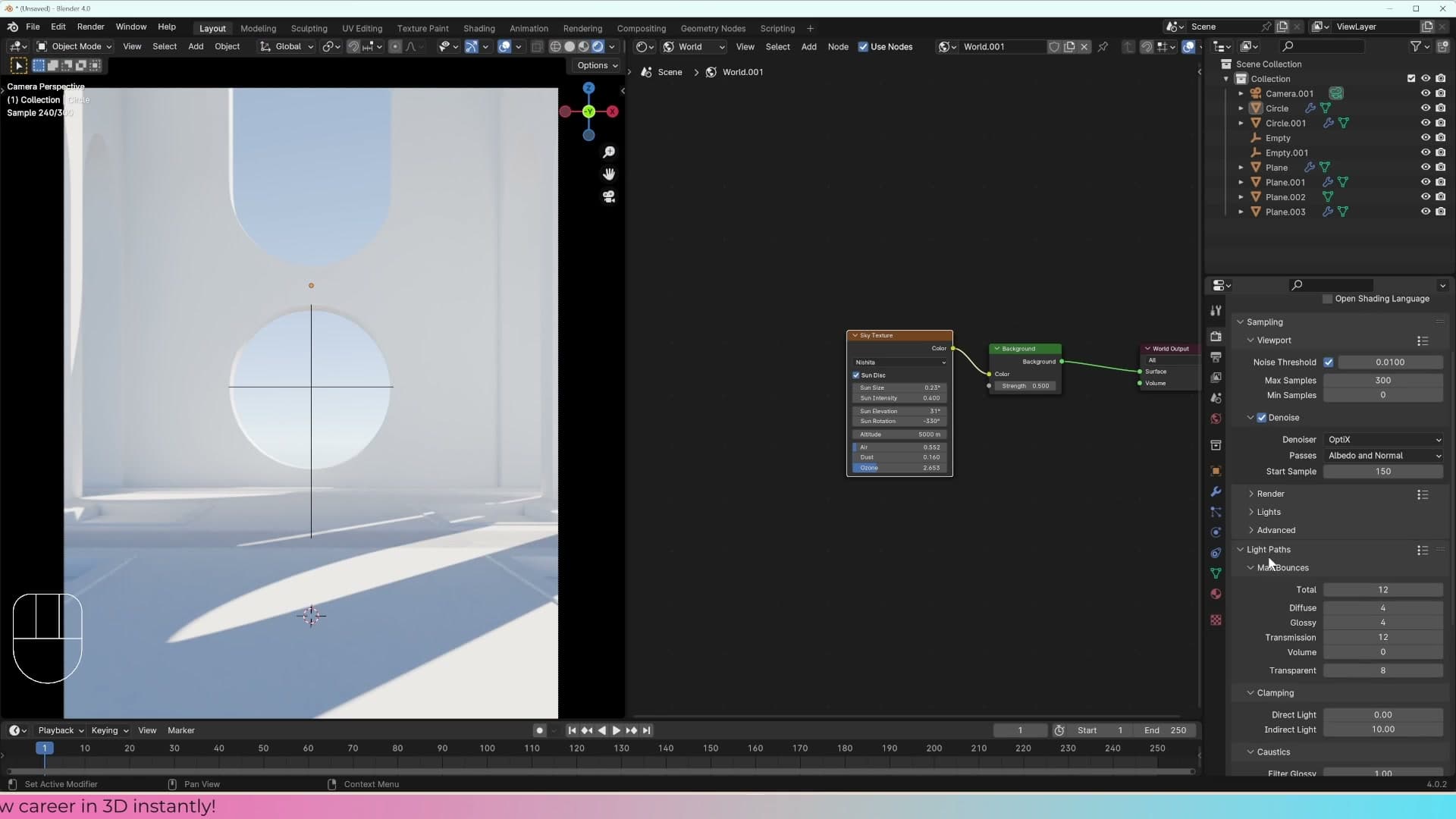 Camera view rendering cleanly with the denoiser working alongside the sample climb.