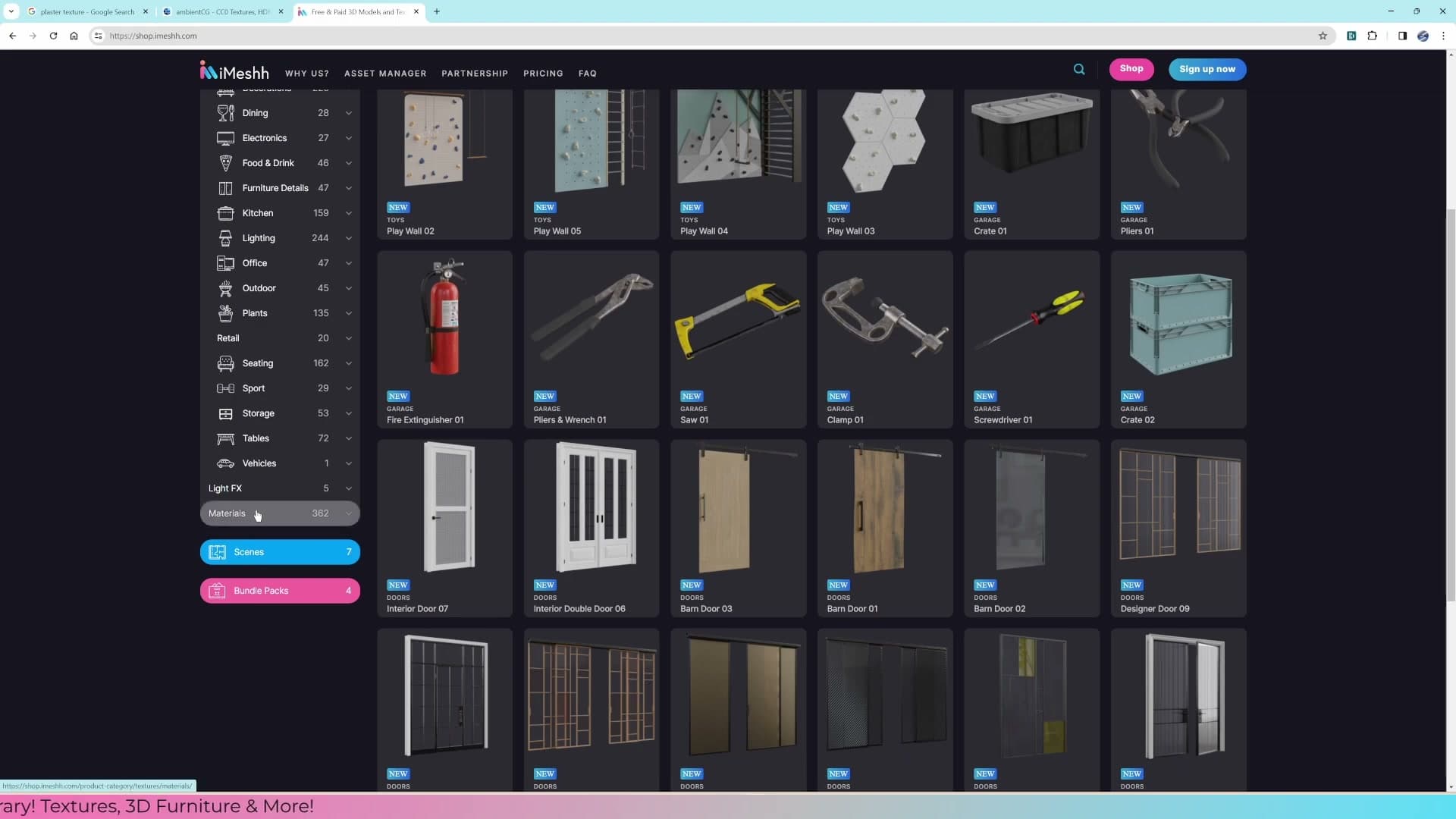 Free PBR texture sets from sites like CC0 Textures and iMeshh, showing base colour, roughness, normal and displacement bundled together.