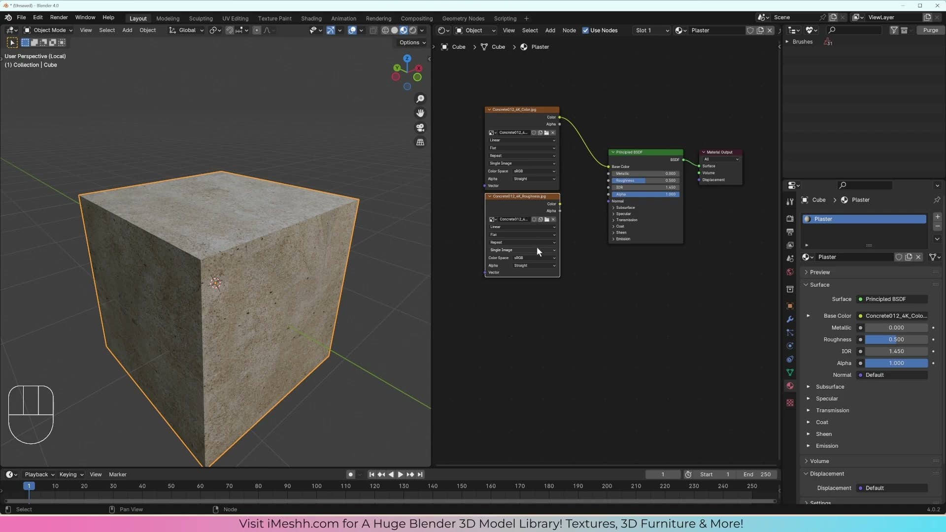 Diffuse image dragged into the Shader Editor and wired into Base Color on the Principled BSDF.