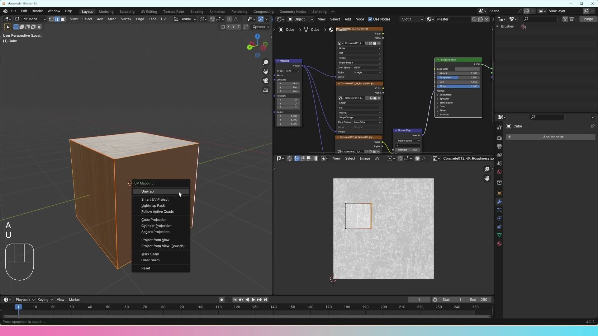 Edges selected and Mark Seam applied: they turn red in the viewport.