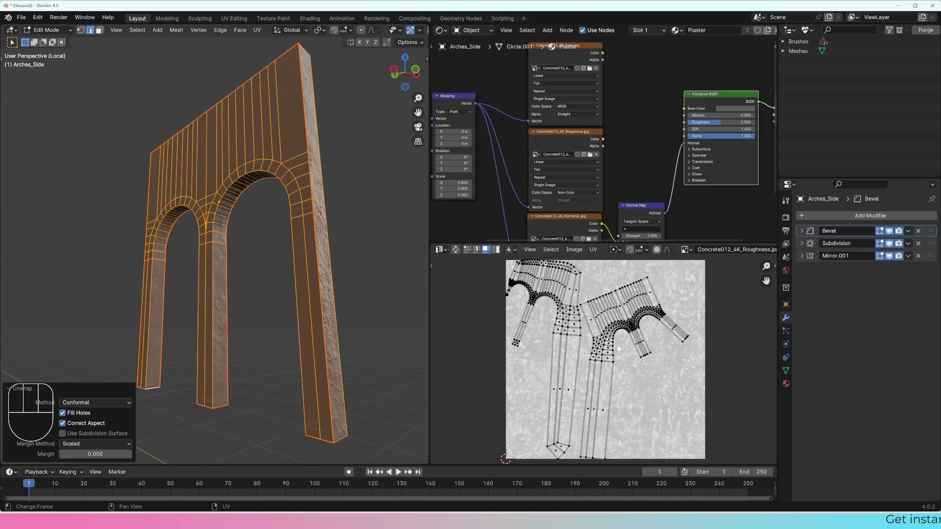 Conformal unwrap distorts the long side of the arch.
