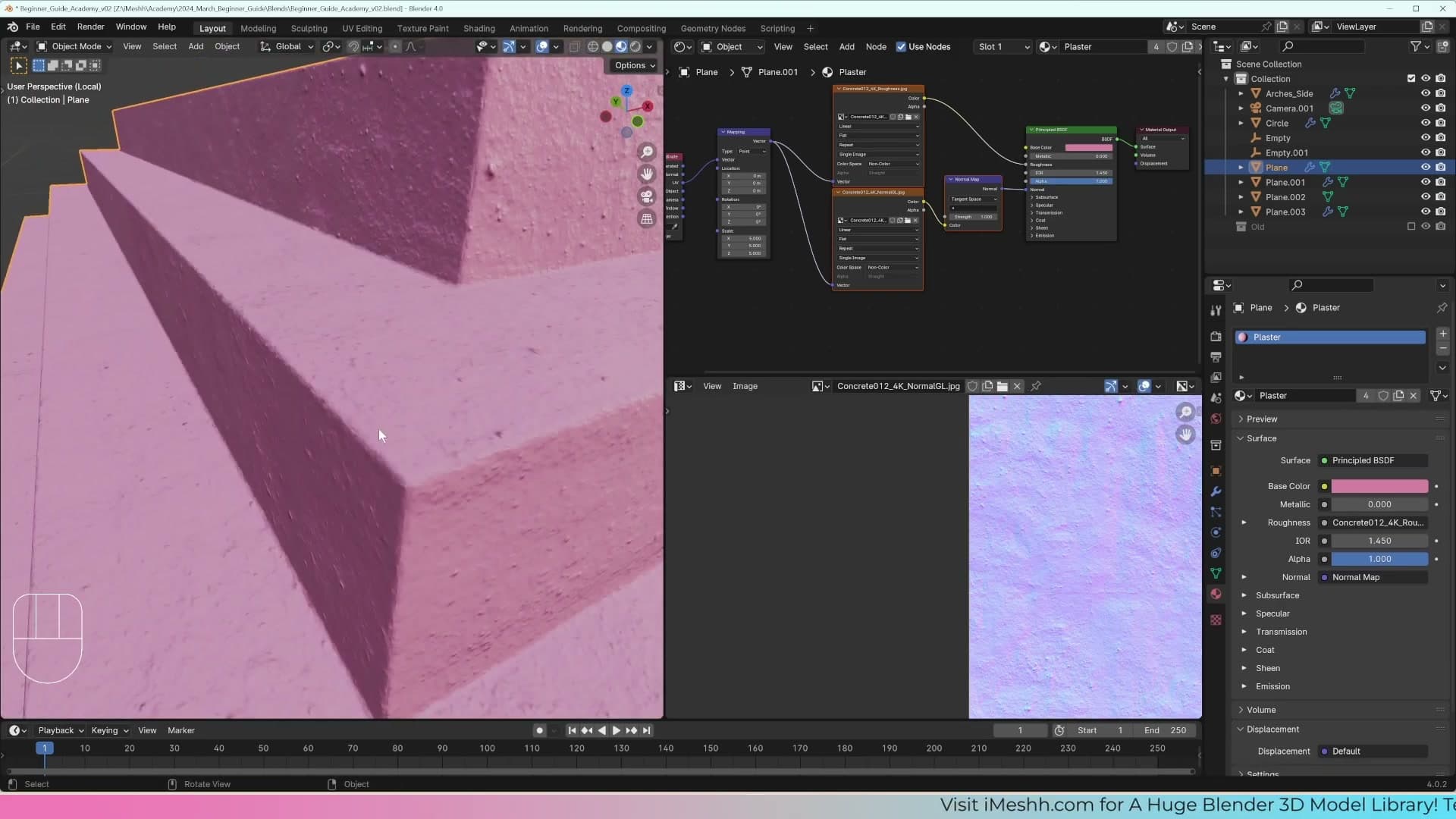 Material duplicated with the copy button: Blender auto-names it plaster.001.