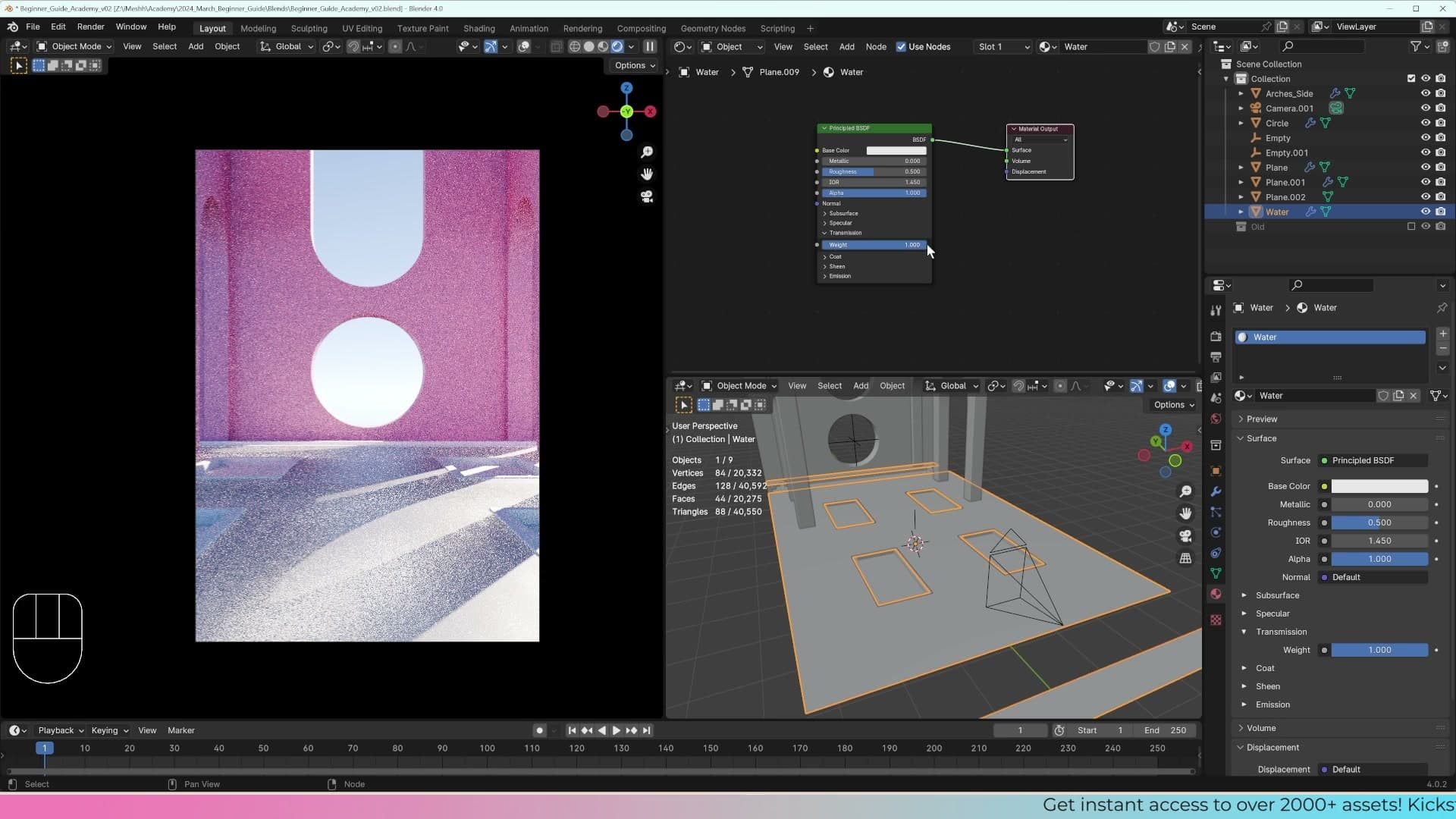 Transmission pushed to 1.0 on the Principled BSDF. The surface starts to read as frosted glass.