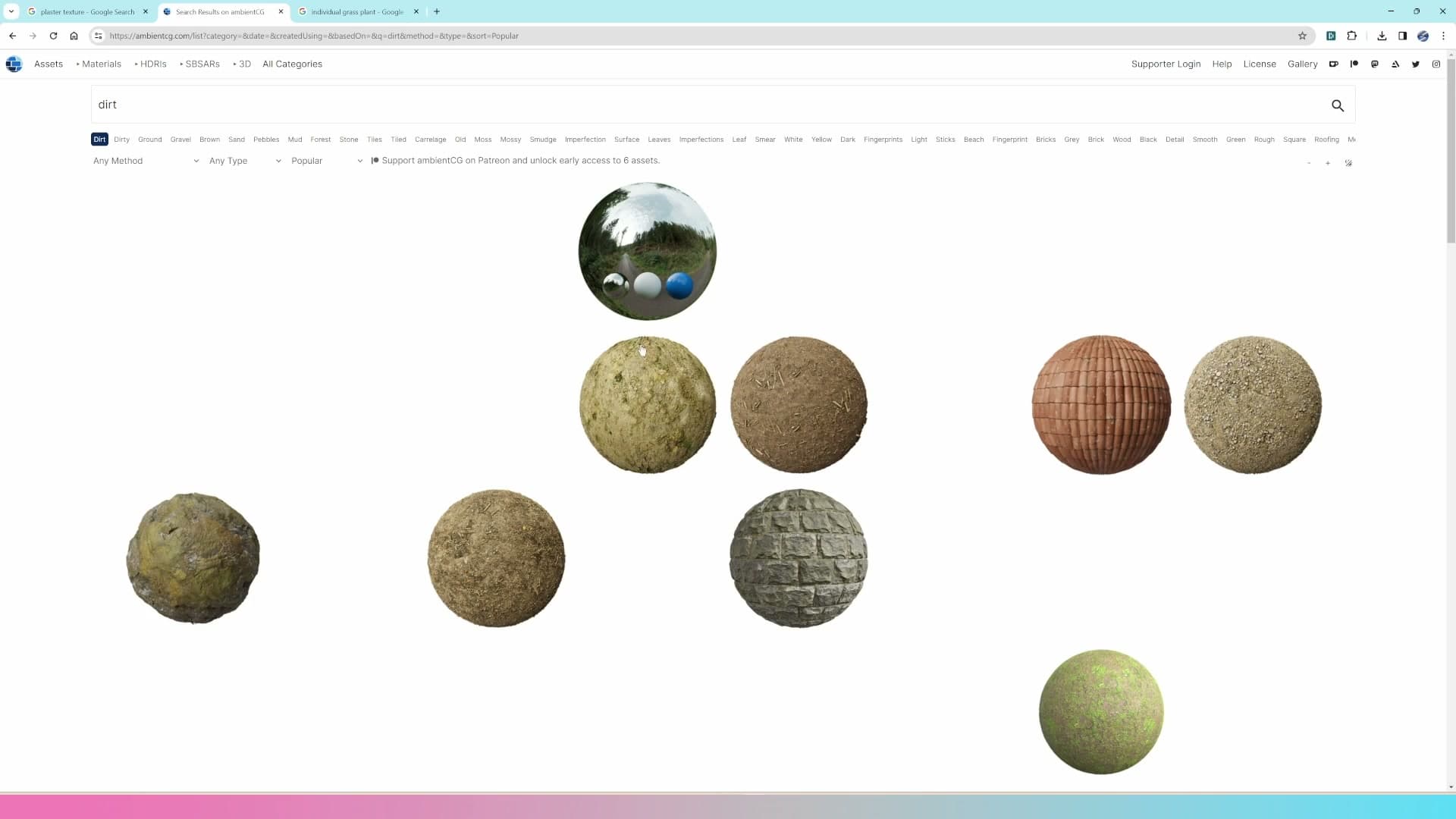 Dirt PBR material applied to the scatter plane so soil tones now read through any gaps in the grass.