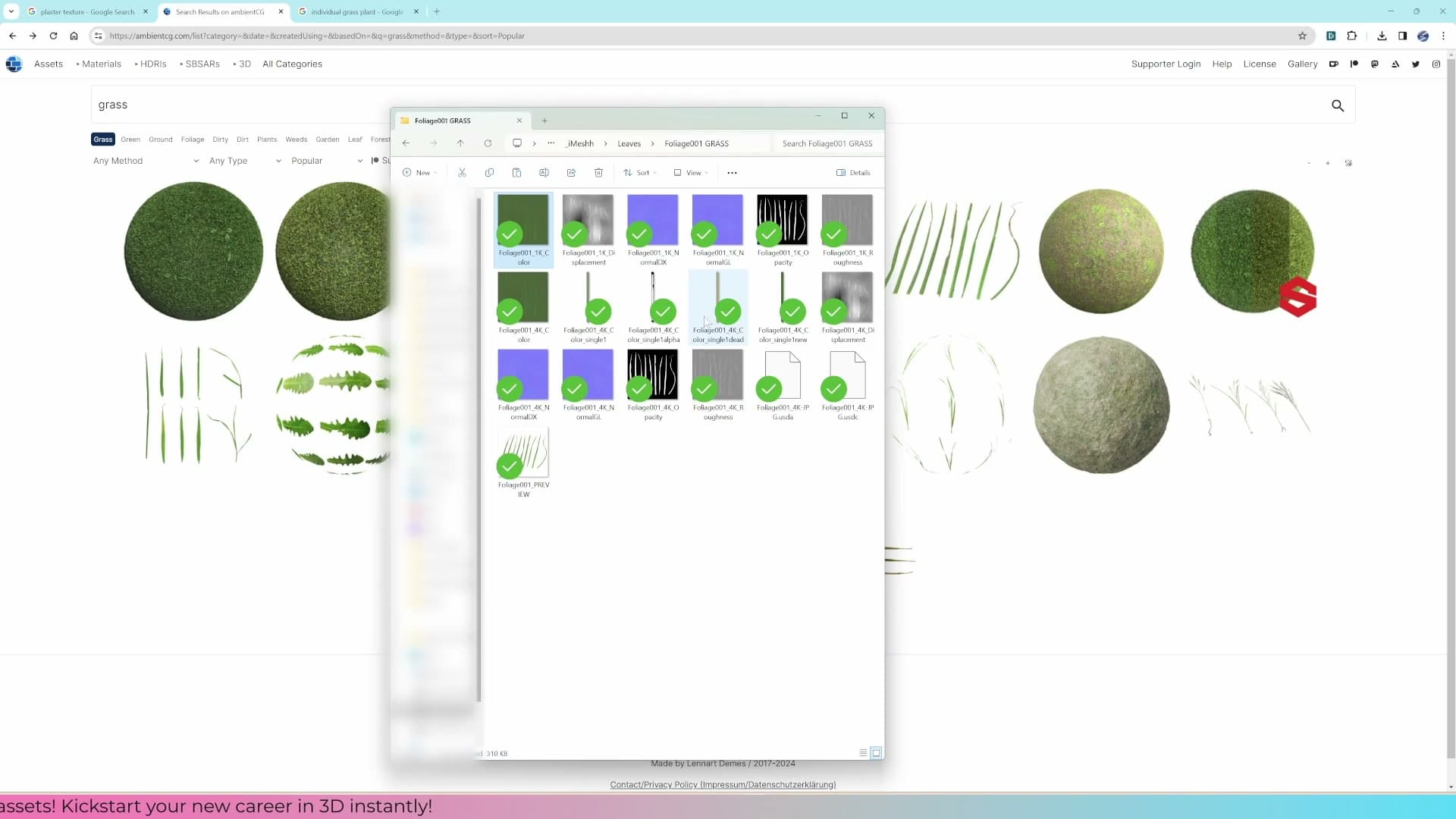 AmbientCG foliage page showing base colour, normal, roughness, displacement and opacity maps that ship with each grass set.