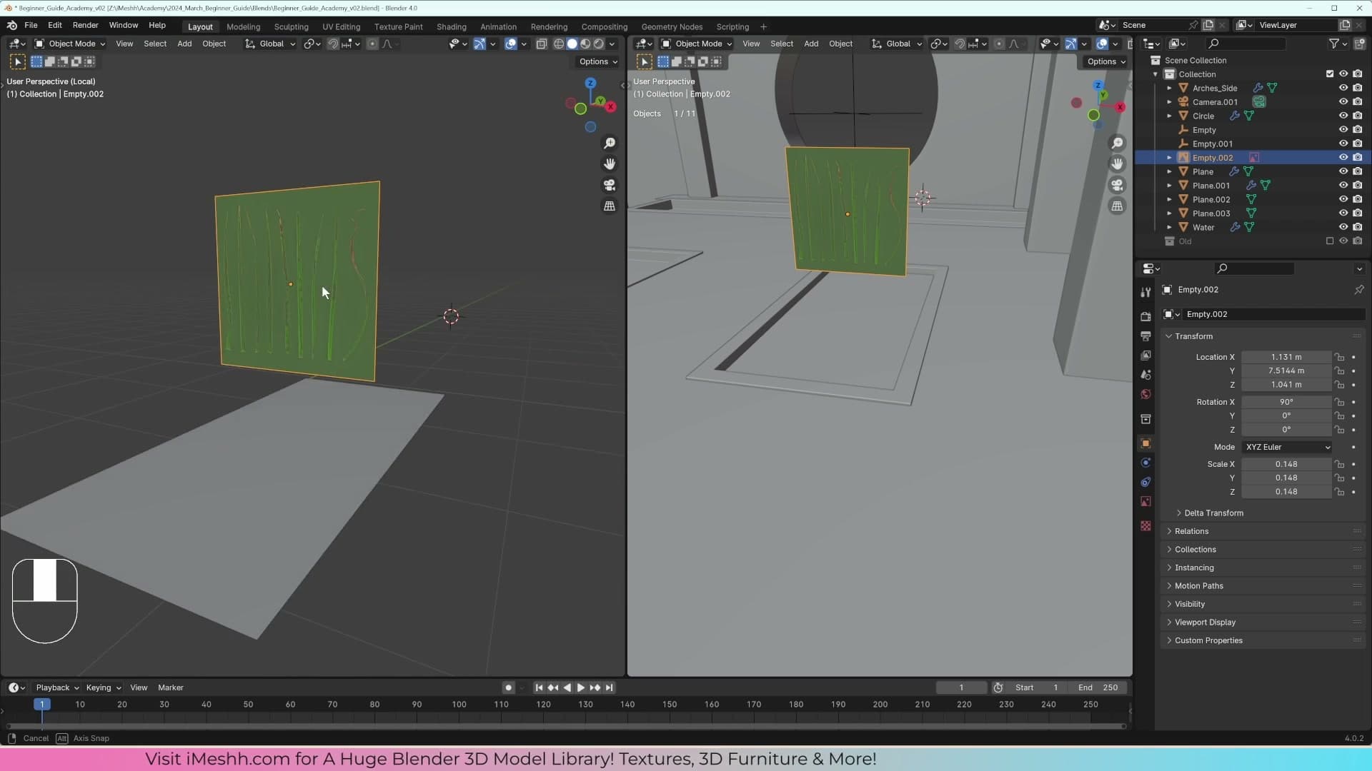 Grass texture brought in as a reference image, invisible to the render but a perfect template for tracing blades.