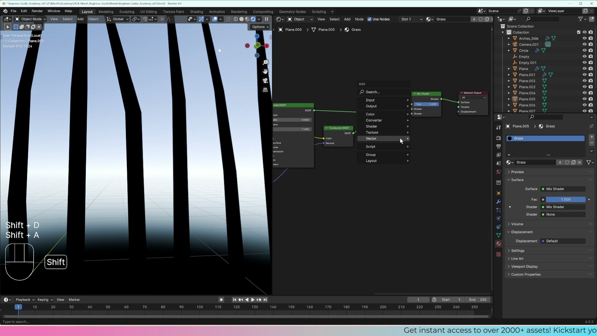 Mix Shader feeding a Translucent BSDF so light now passes through the blade just like it does outdoors.