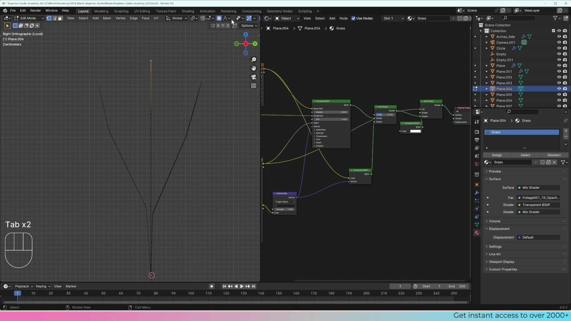 Proportional editing circle of influence with the top of one blade pulled over so neighbouring vertices follow in a soft falloff.