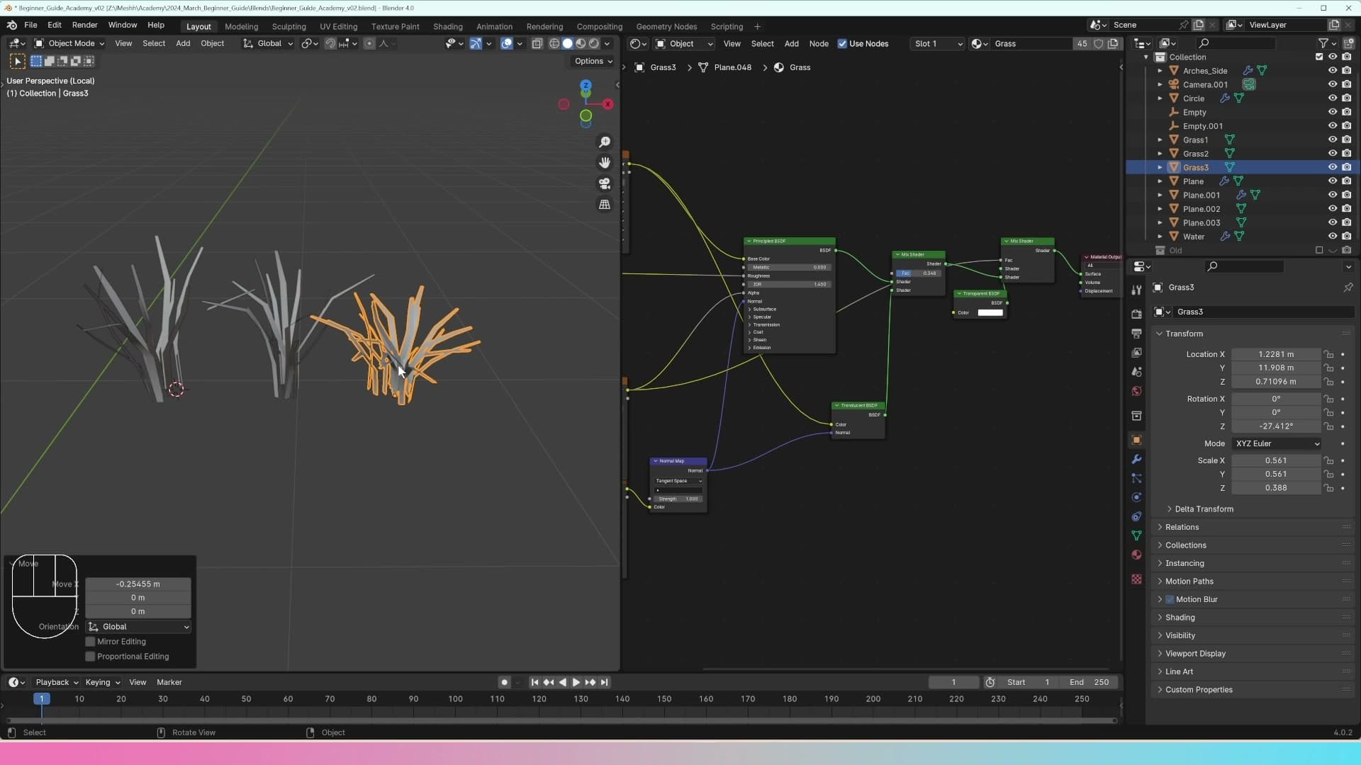 Three finished clumps named grass1, grass2 and grass3, each with origin centred and shaded smooth.