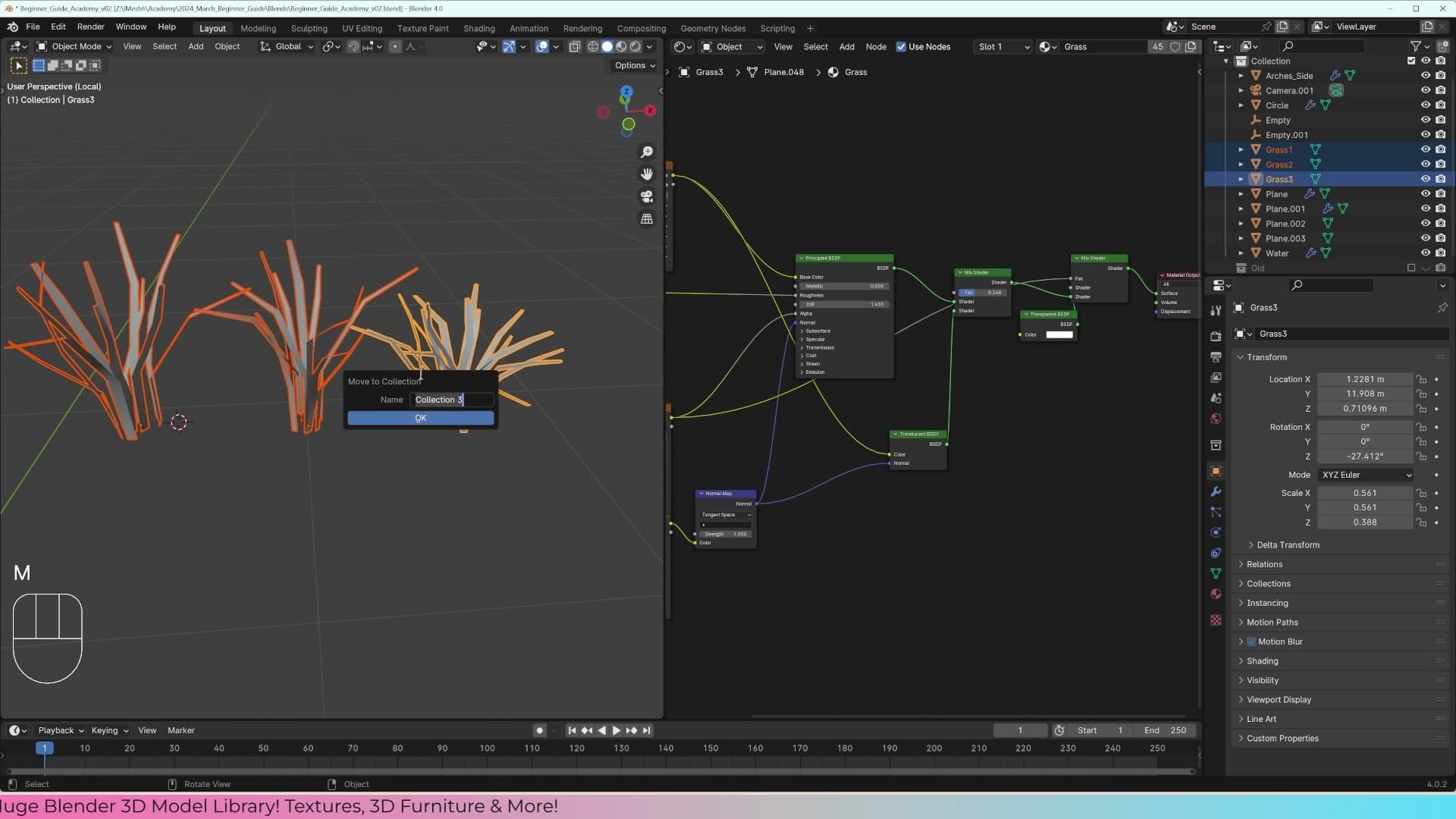 All three objects moved into a dedicated Grass collection, ready for the Geometry Nodes graph to scatter from.