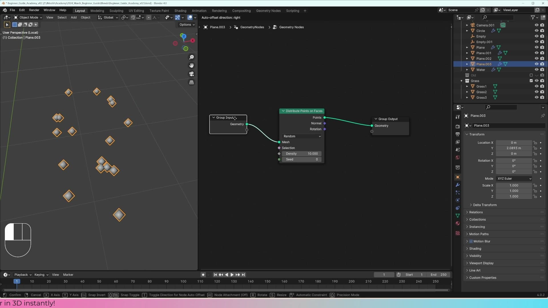 Default Geometry Nodes graph with Group Input wired straight to Group Output, meaning the mesh passes through unchanged.