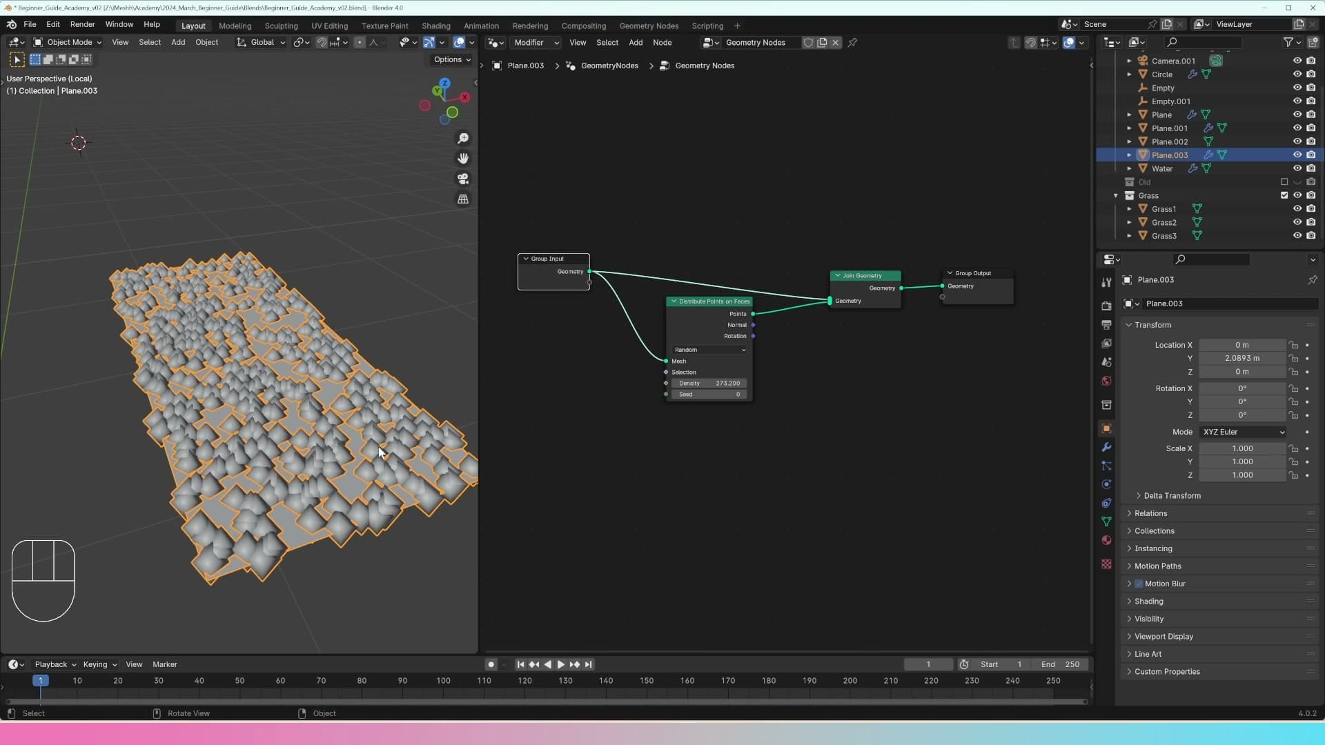 Distribute Points on Faces scattering points over the plane. Join Geometry keeps the original plane visible alongside the points.