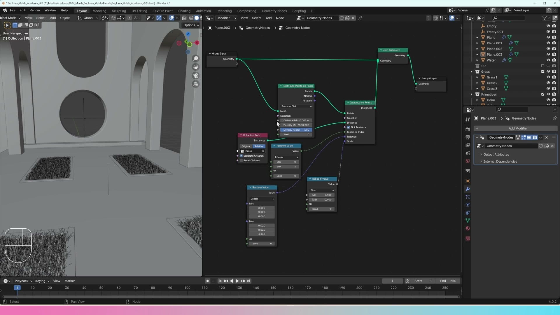 Density socket promoted to Group Input so the slider now appears in the Geometry Nodes modifier for quick tuning.