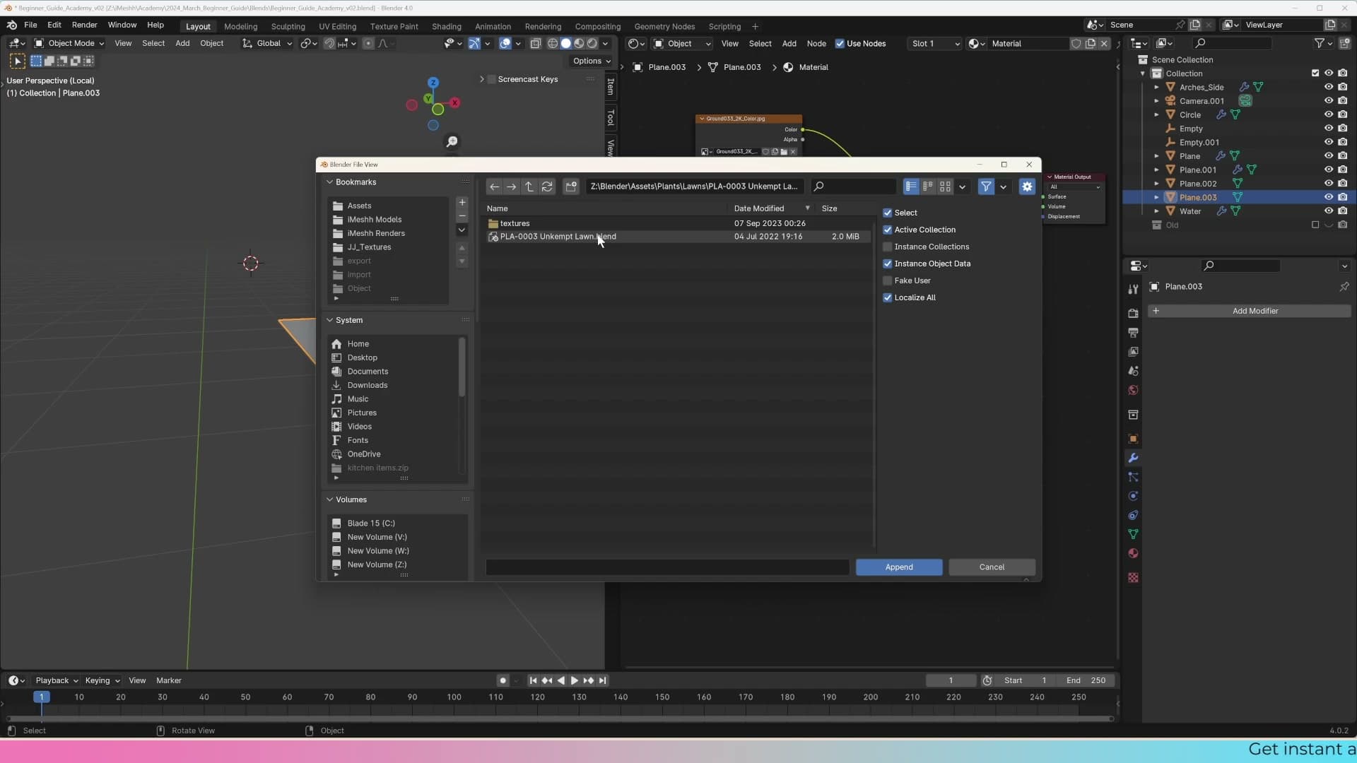 File → Append with the .blend path pasted into the location bar, ready to browse into the file.