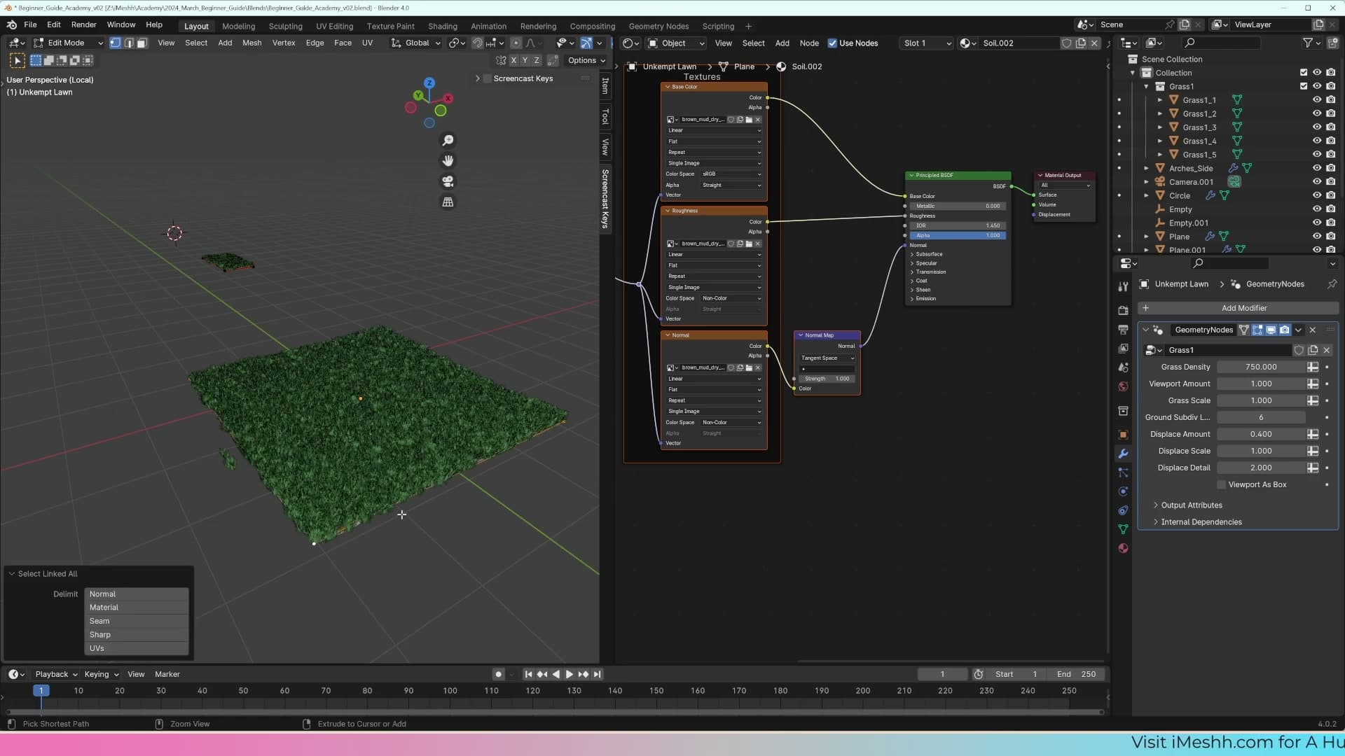 Ctrl+J joins the ground plane to the grass object so the geometry-node system now drives the ground surface too.