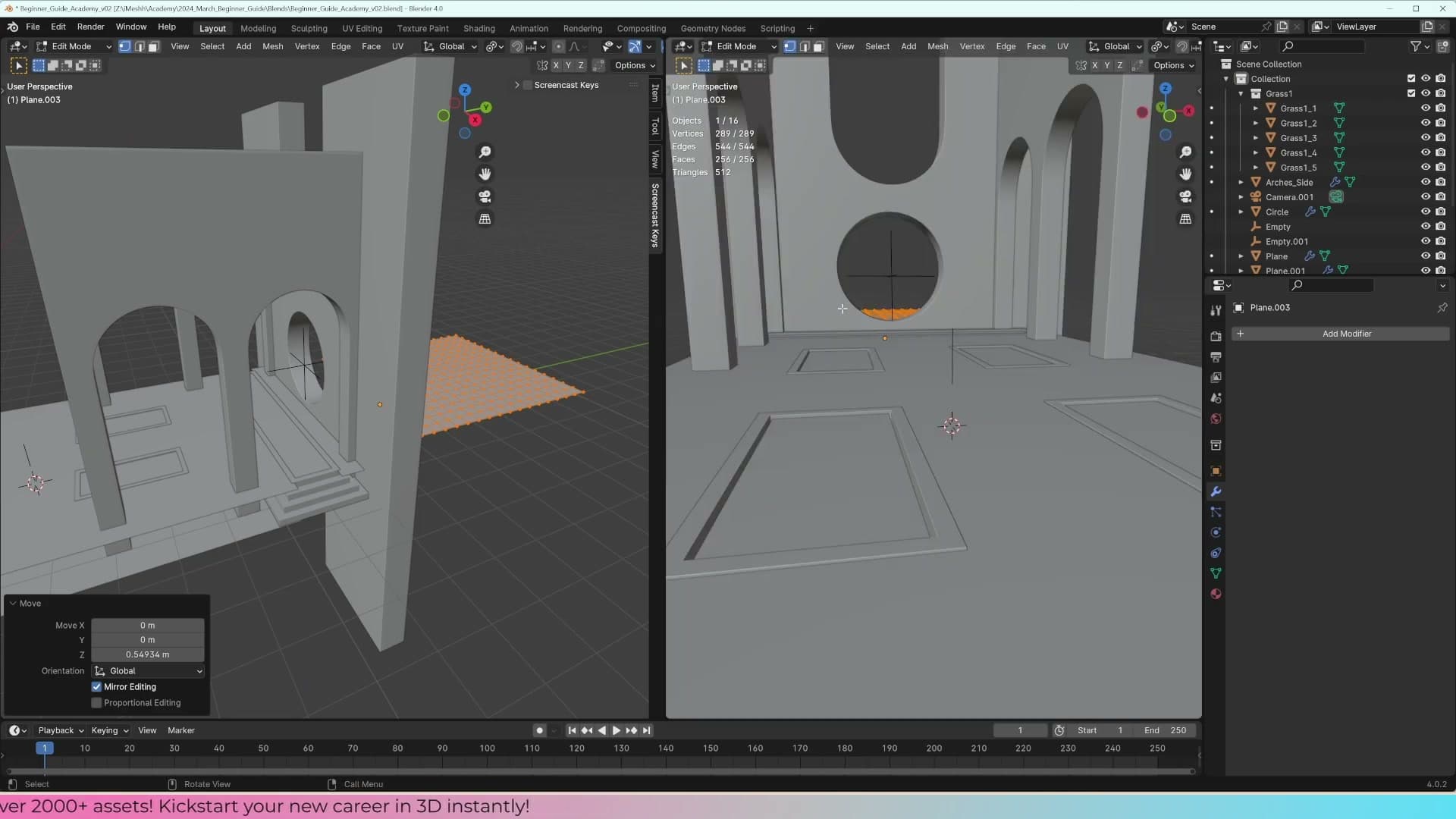 Right-click → Subdivide a few times to give the plane enough geometry to sculpt a hill.