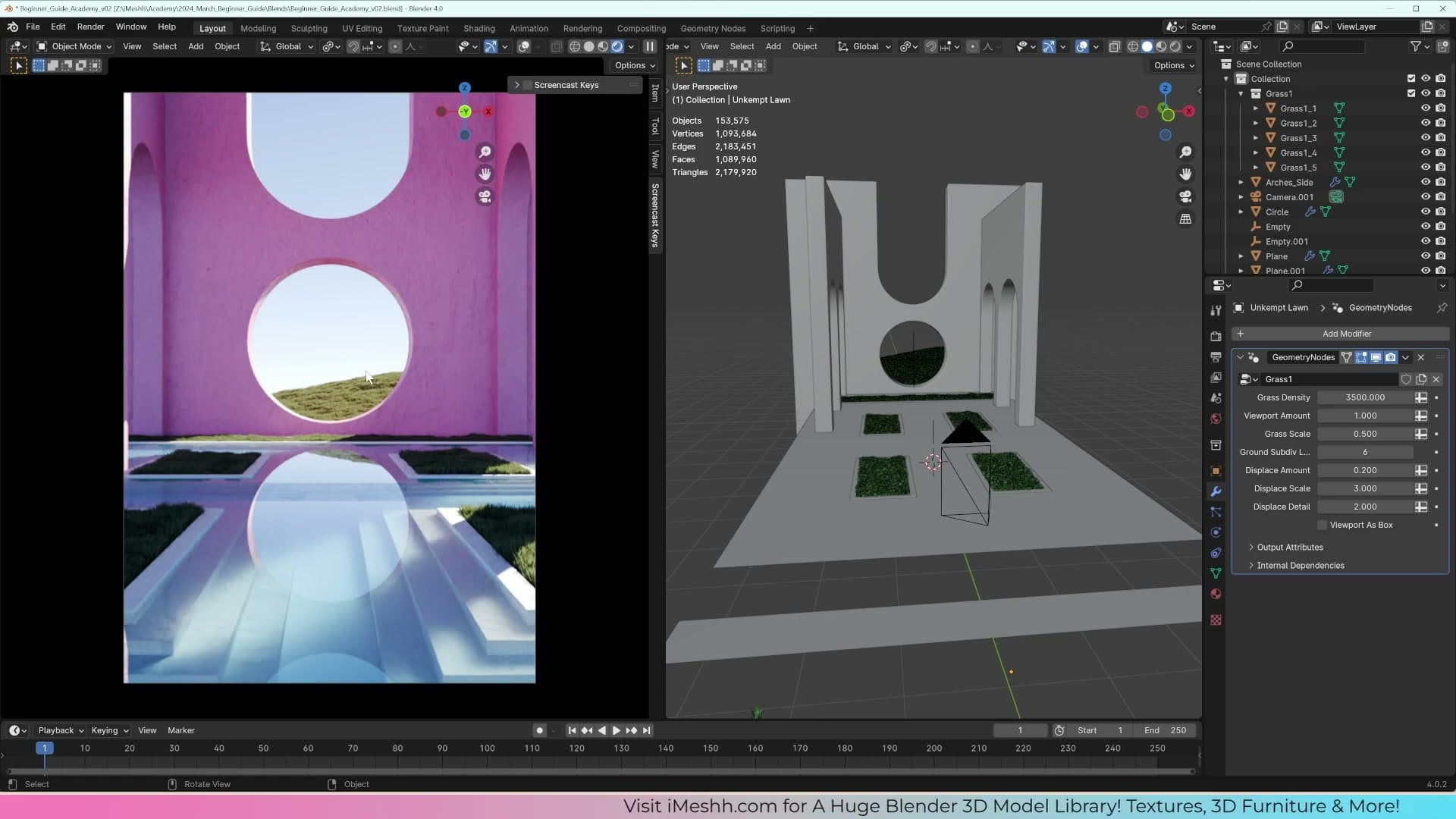 Viewport density set to 0.05 while editing; render density stays at 1 for the final image.