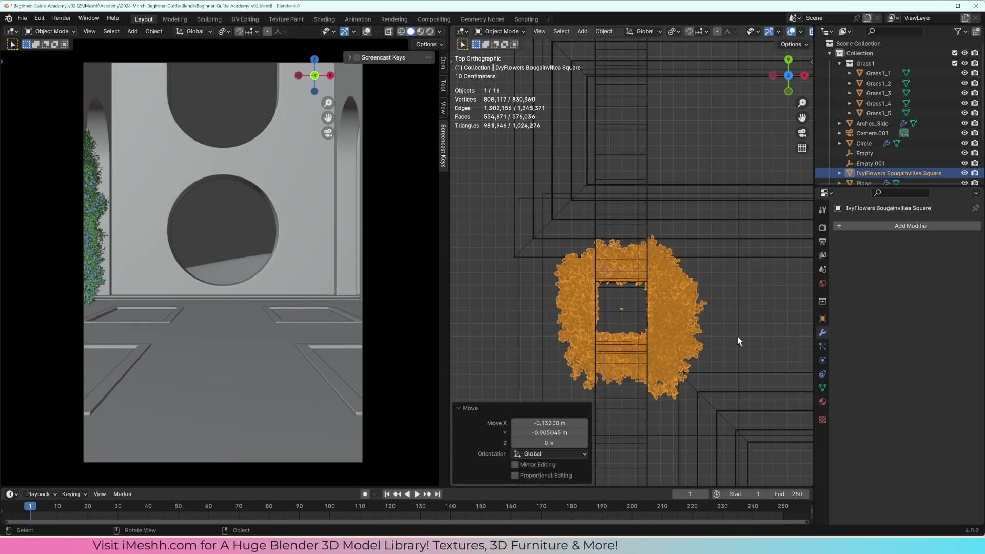 Top-view positioning over the pillar, pushed slightly outwards so the leaves do not visibly cut into the pillar from camera.