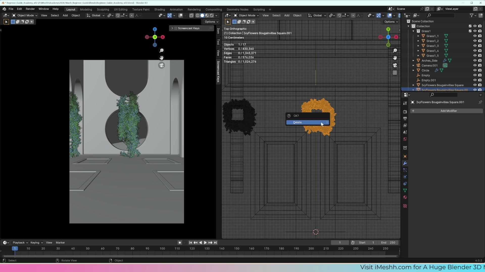 Alt+D creates an instanced copy of the 500k-face ivy. Blender reuses the same geometry data, so the duplicate is instant.