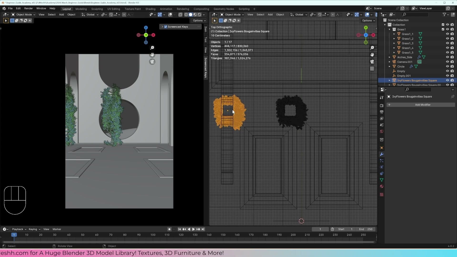 Render preview with both ivy copies in place. The value of pre-made assets is obvious.