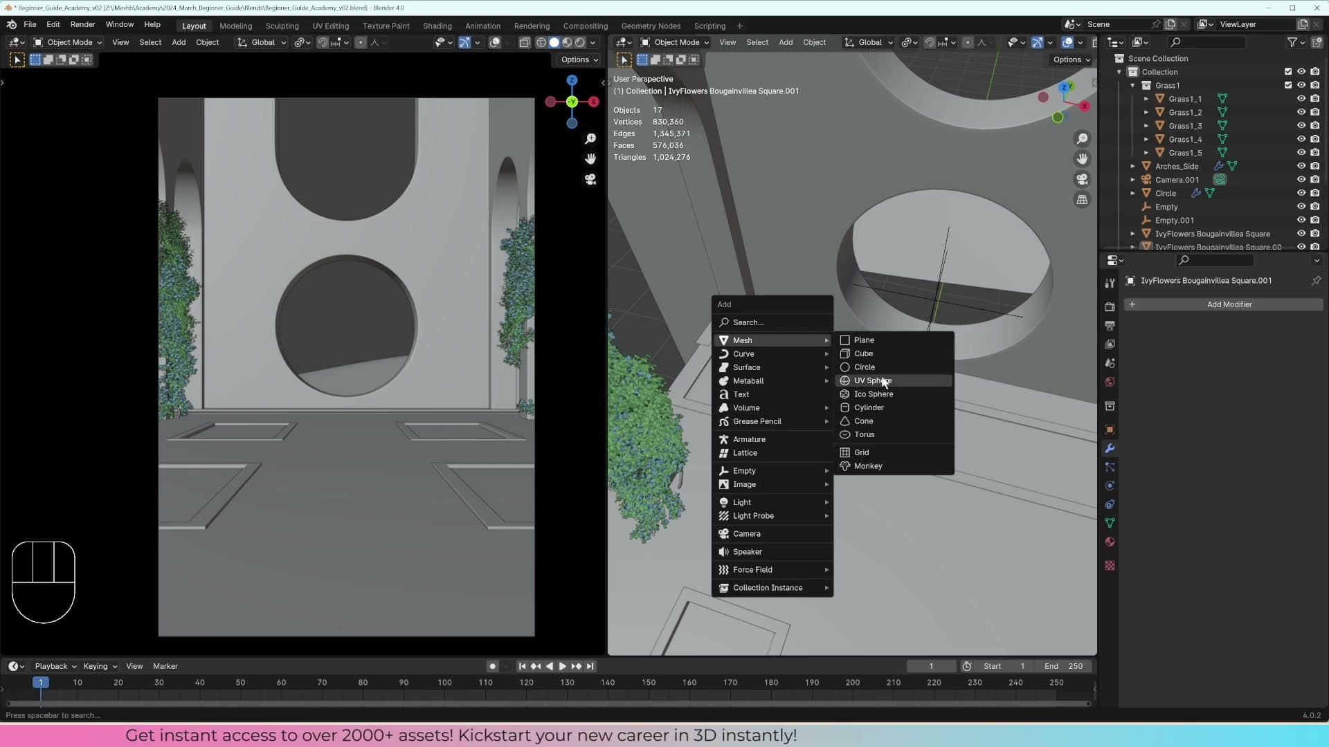 Subdivision Surface on a UV sphere: the pole converges into visible pinching even after Shade Smooth.