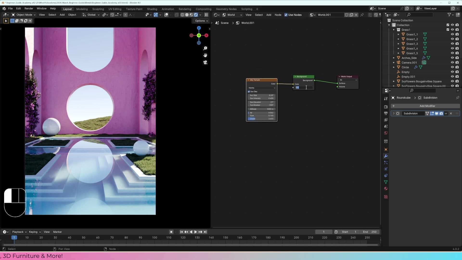 World tab in the shader editor: sky strength up to 0.75, sun strength dropped to 0.25 to keep direct shadows controlled.