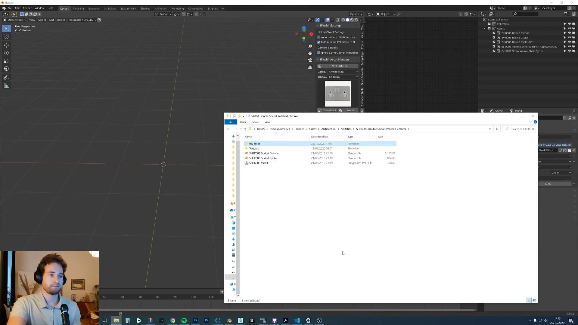Each asset folder holds the blend file alongside the thumbnail image. That pairing is what links them in the panel.