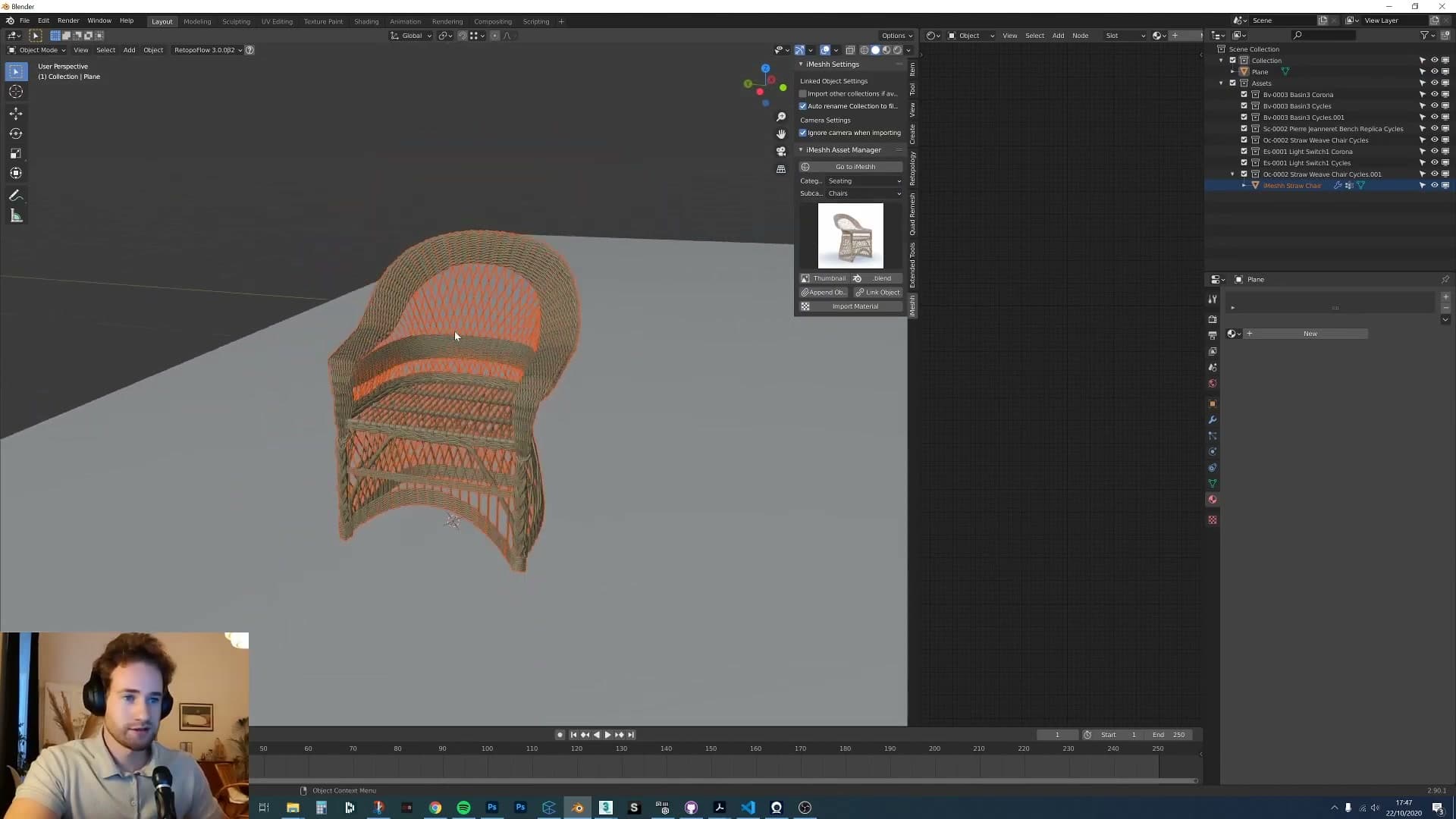 Placing the 3D cursor first and then clicking a chair thumbnail drops the imported asset at that exact spot.